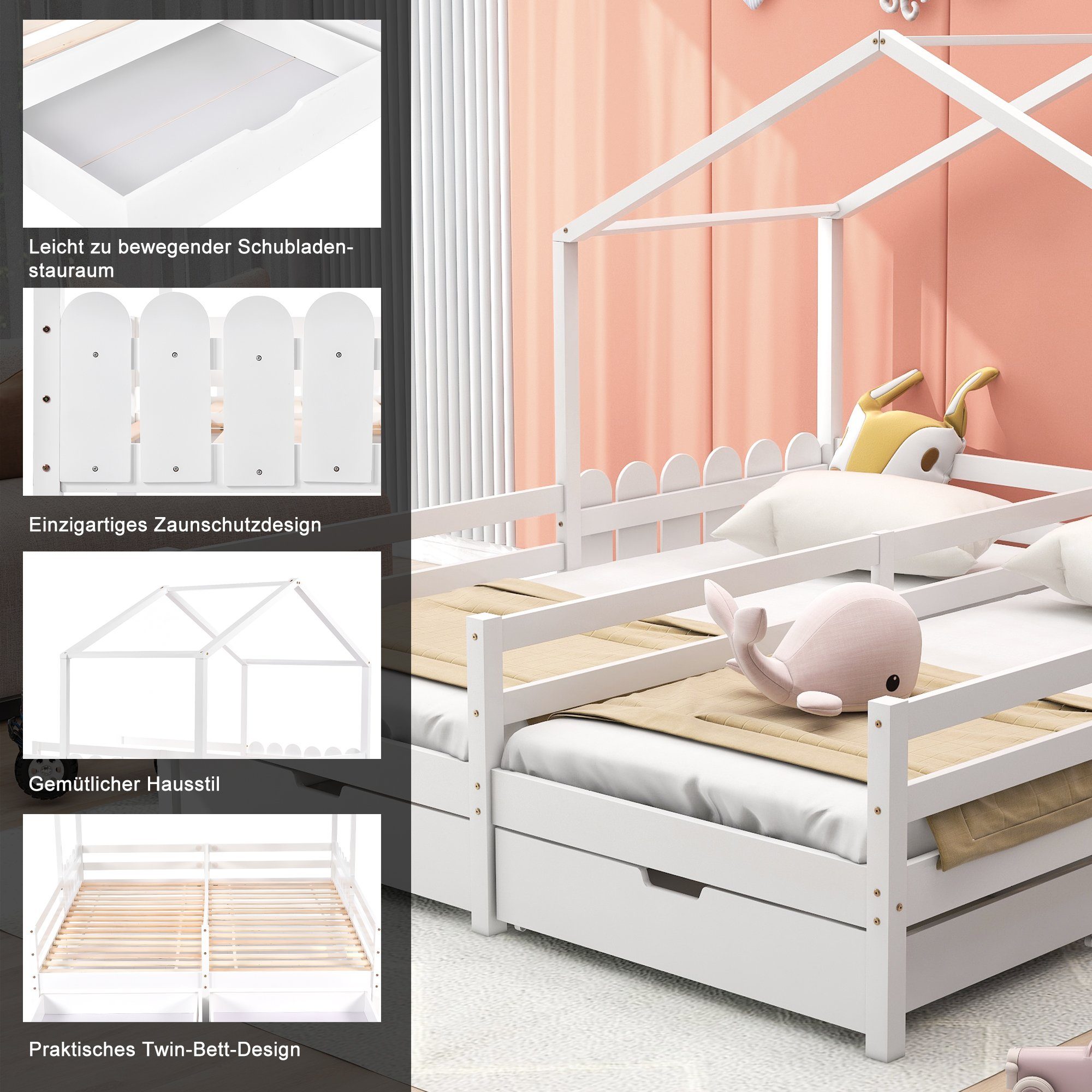 Kinderbett (Jugendbett mit Lattenrost), Hausbett 90x200 cm mit zwei Liegefläche, Schubladen und Rausfallschutz
