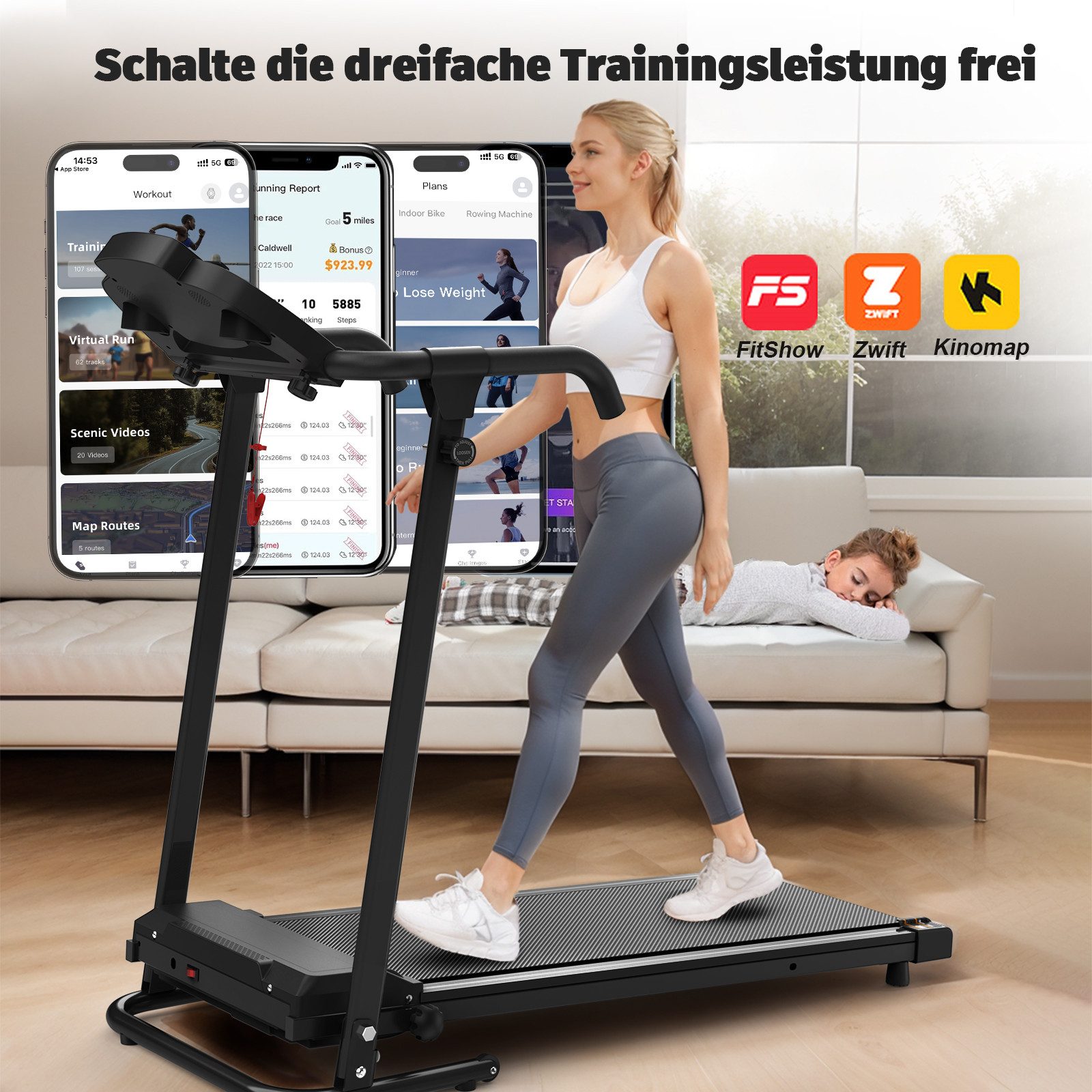 CARPAT SPORT Laufband 2-in-1 Laufband Klappbares Heimbüro Laufband mit Neigungsfunktion, 120 kg Tragkraft, 12+3 Programme, App-Steuerung, dreifache Dämpfung