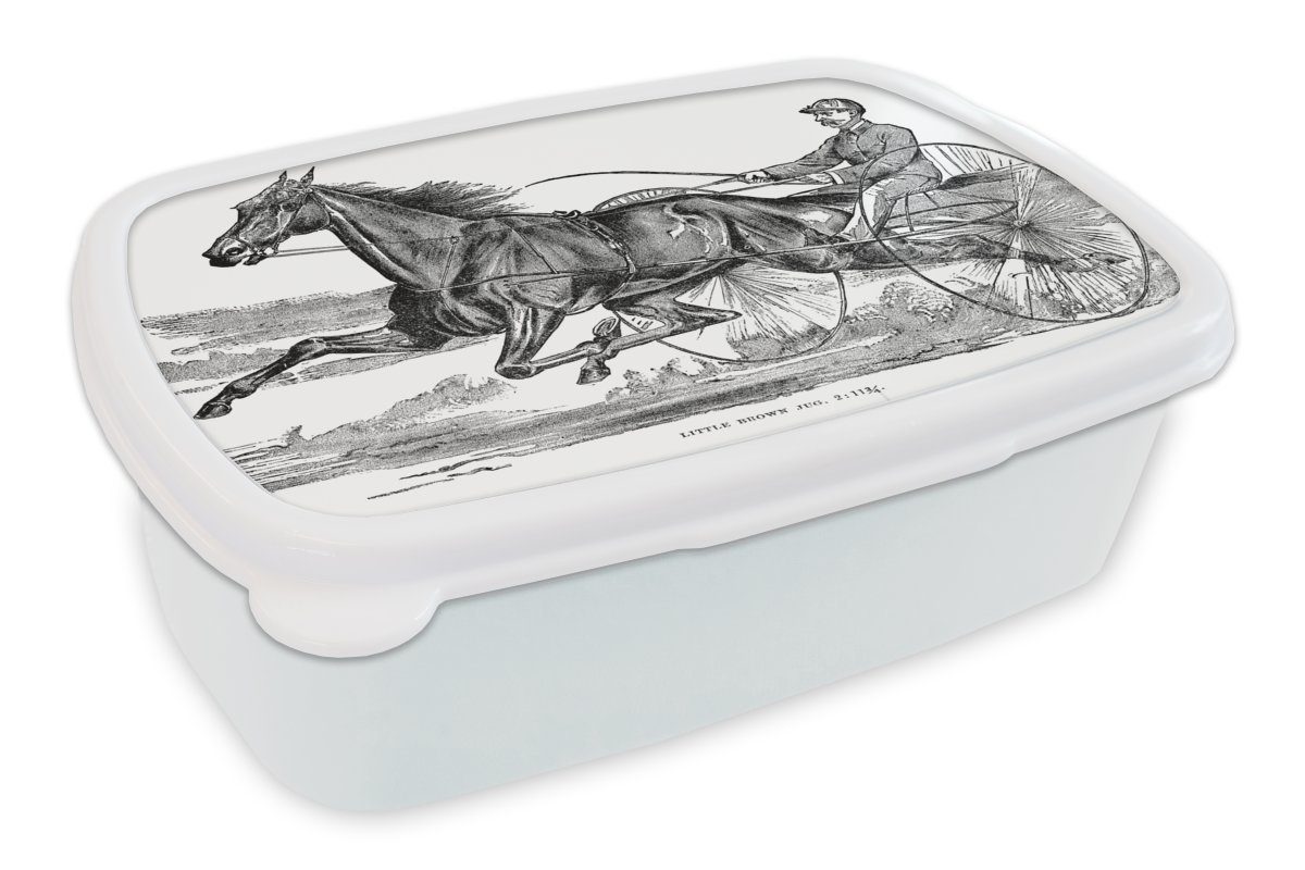 MuchoWow Lunchbox Eine für weiß (2-tlg), Brotbox der und in Mädchen eines Brotdose, Illustration Jungs Erwachsene, Kinder Pferdes für und Kunststoff, Trabrennbahn