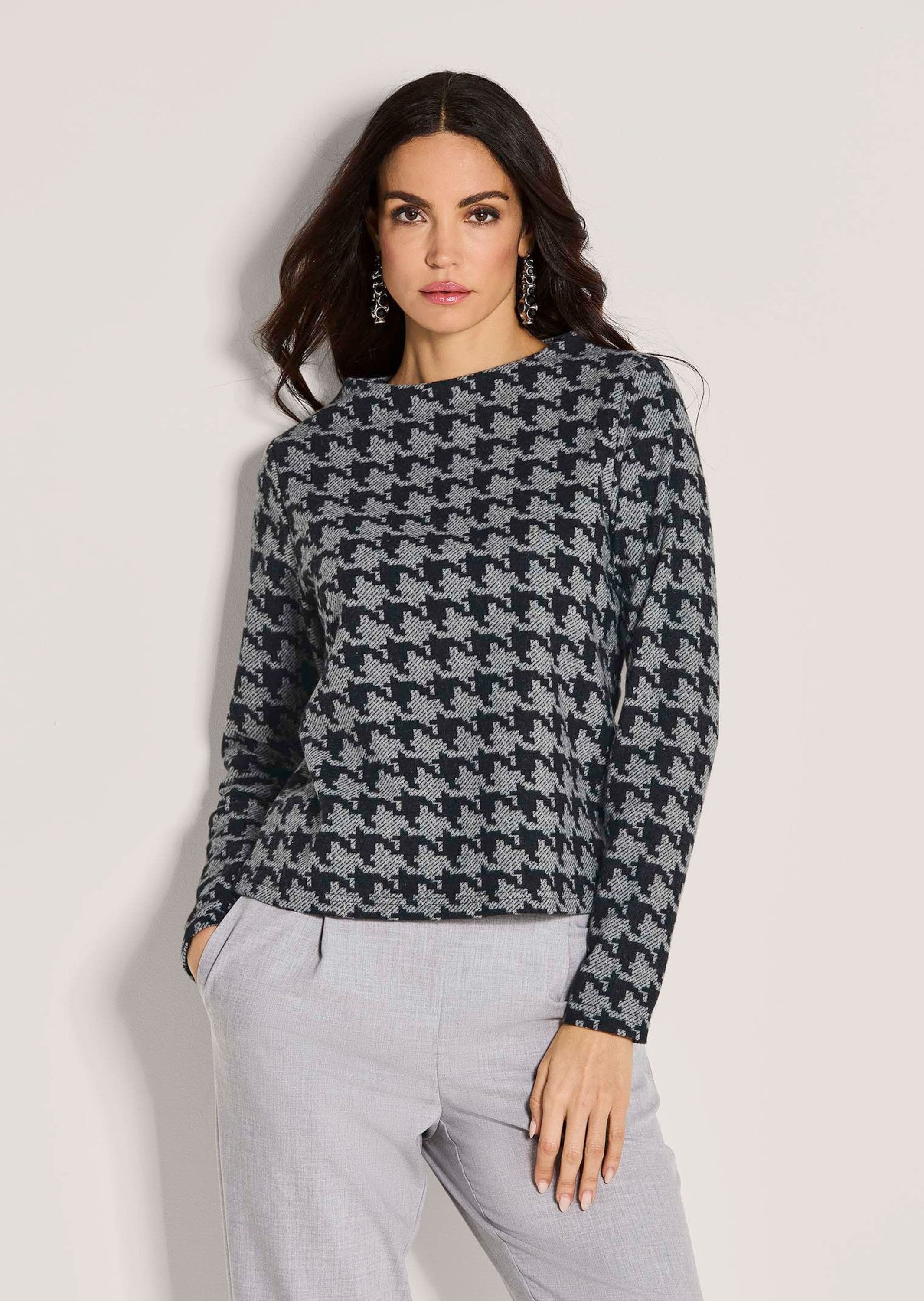 Langarmshirt Hahnentritt-Oberteil mit U-Boot-Ausschnitt