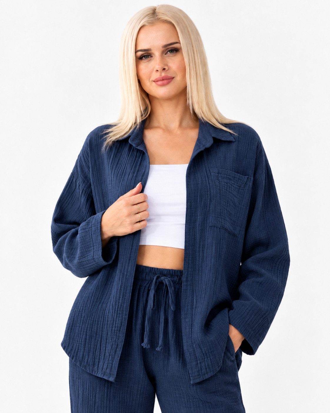 WENOR Hemdbluse Damen Musselin Oversize Bluse Langarm Einheitsgröße 34-42