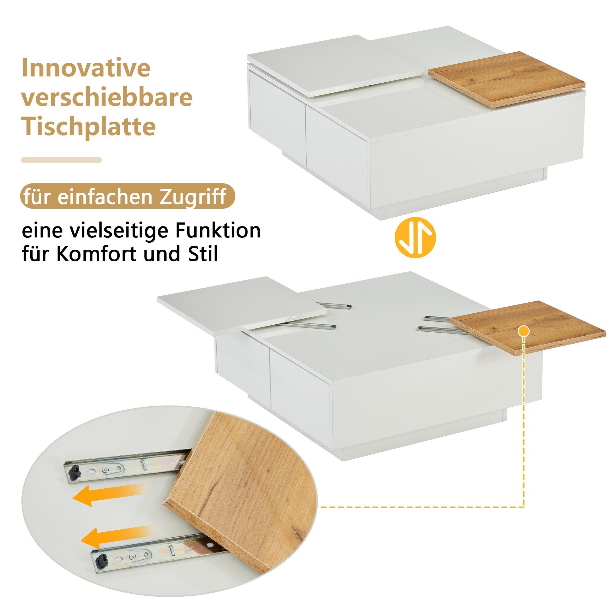 BlingBin Couchtisch kleine verschiebbare Tischplatte, 75x75x33,5 cm (1er Set, 1-St., Wohnzimmertisch mit 4 Schubladen), Couchtisch mit Ablagefläche, max. 30kg belastbar