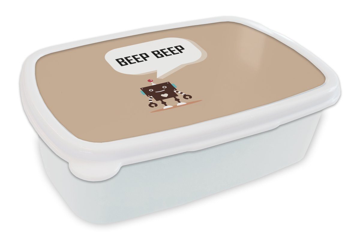 MuchoWow Lunchbox Sprichwörter - Zitate - Piep piep - Roboter - Herz - Kinder - Jungen, Kunststoff, (2-tlg), Brotbox für Kinder und Erwachsene, Brotdose, für Jungs und Mädchen weiß