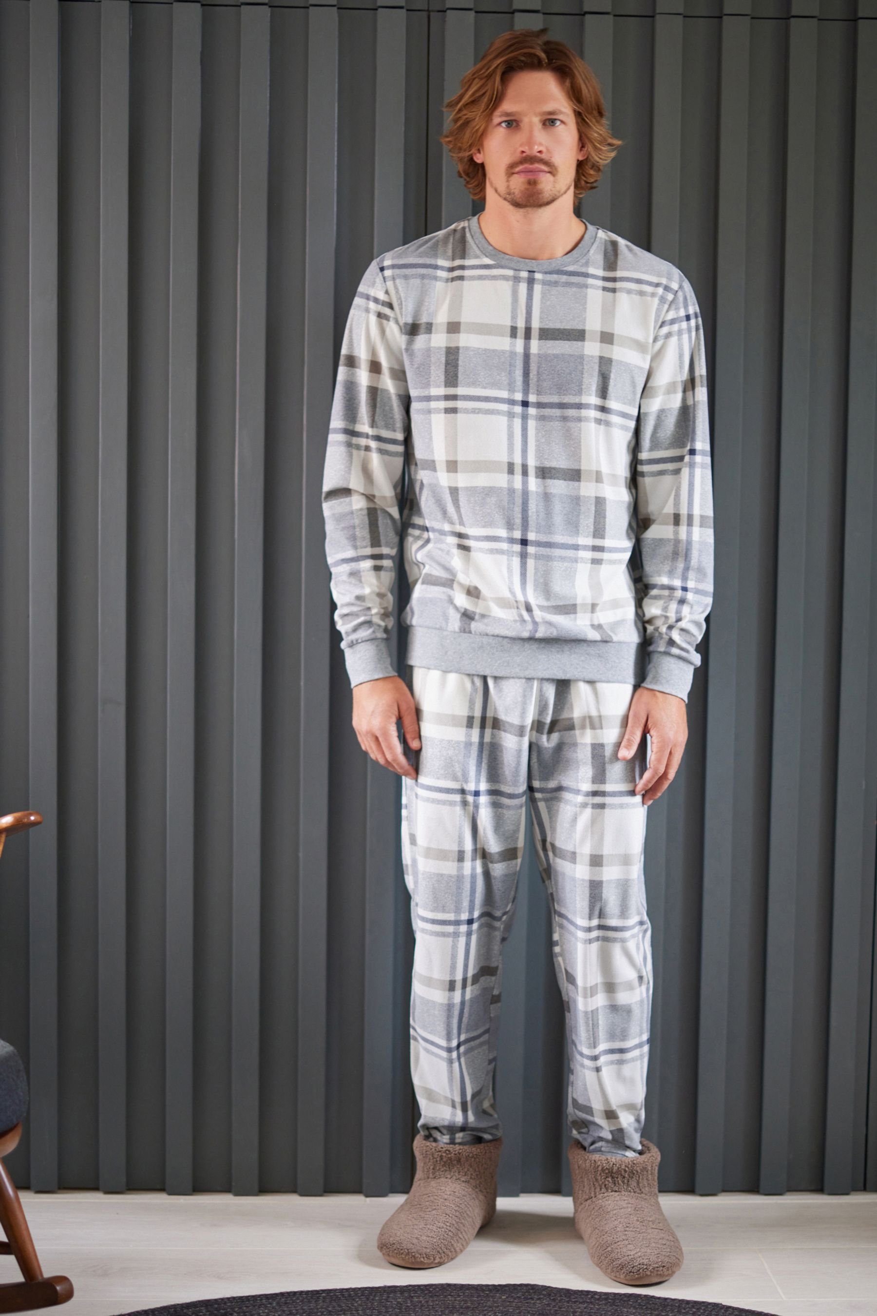 Bündchen Bequemer (2 Pyjama Next Schlafanzug Motionflex Check Grey/Neutral mit tlg)
