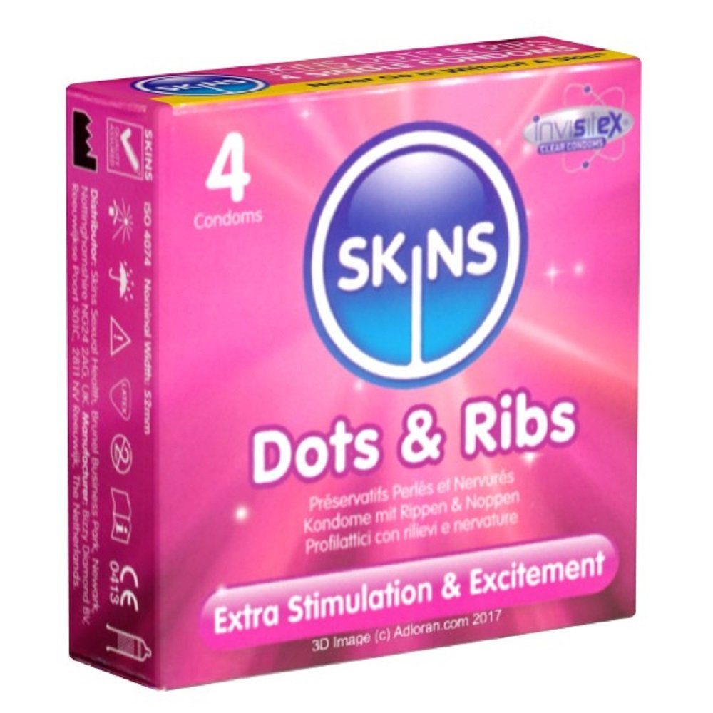SKINS Condoms Kondome Dots & Ribs, samtweiche Oberfläche, fühlt sich an wie "echt", Packung mit, 4 St., gerippt/genoppte Kondome, durchsichtiges Latex (kristallklar), kein Latexgeruch