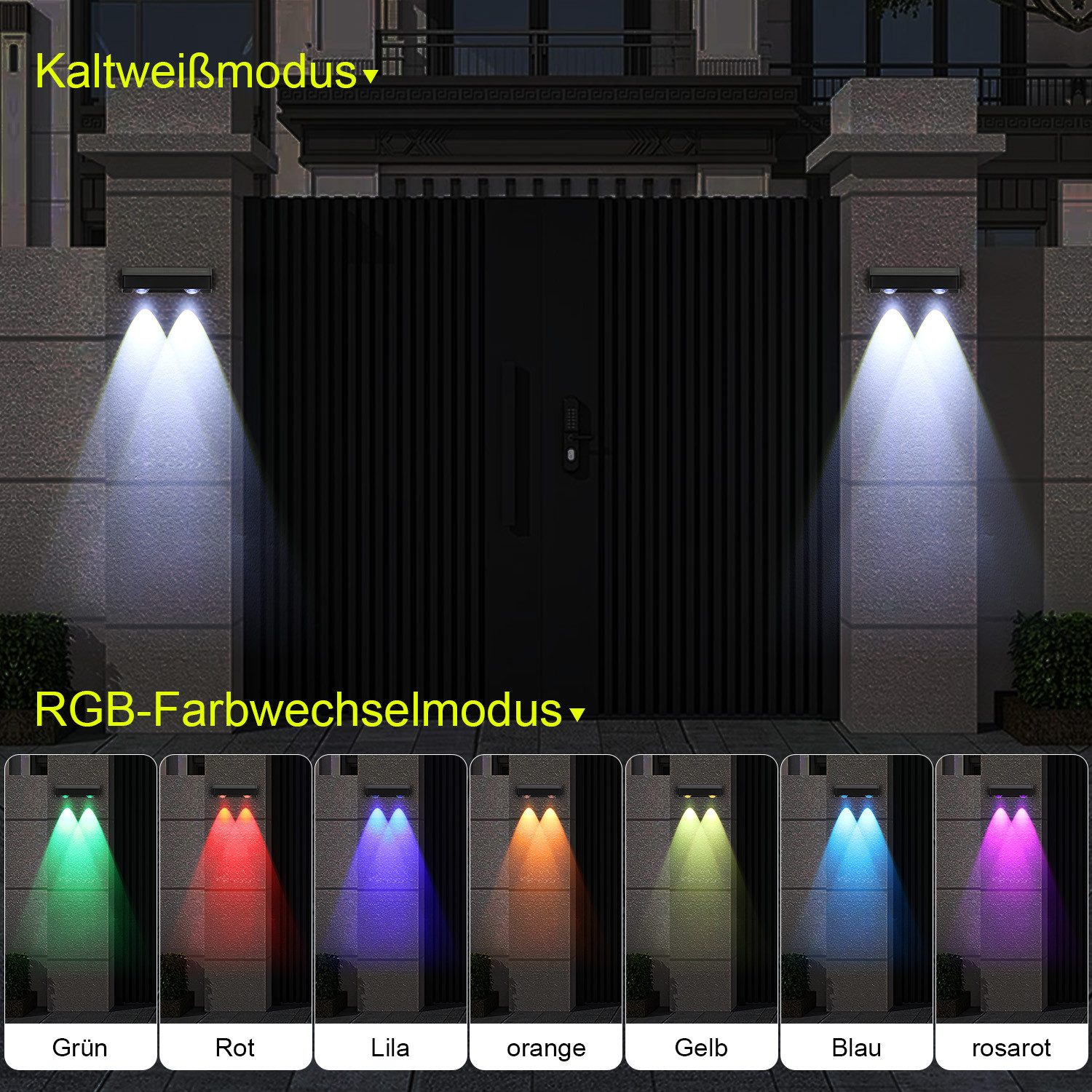 oyajia Außen-Wandleuchte 4 Stück Solarlampe für Außen, LED Solarleuchte Außen Wandlampe Up Down, LED fest integriert, Warmweiß, Kaltweiß, RGB, LED Solarleuchte  – Bild 3 von 5