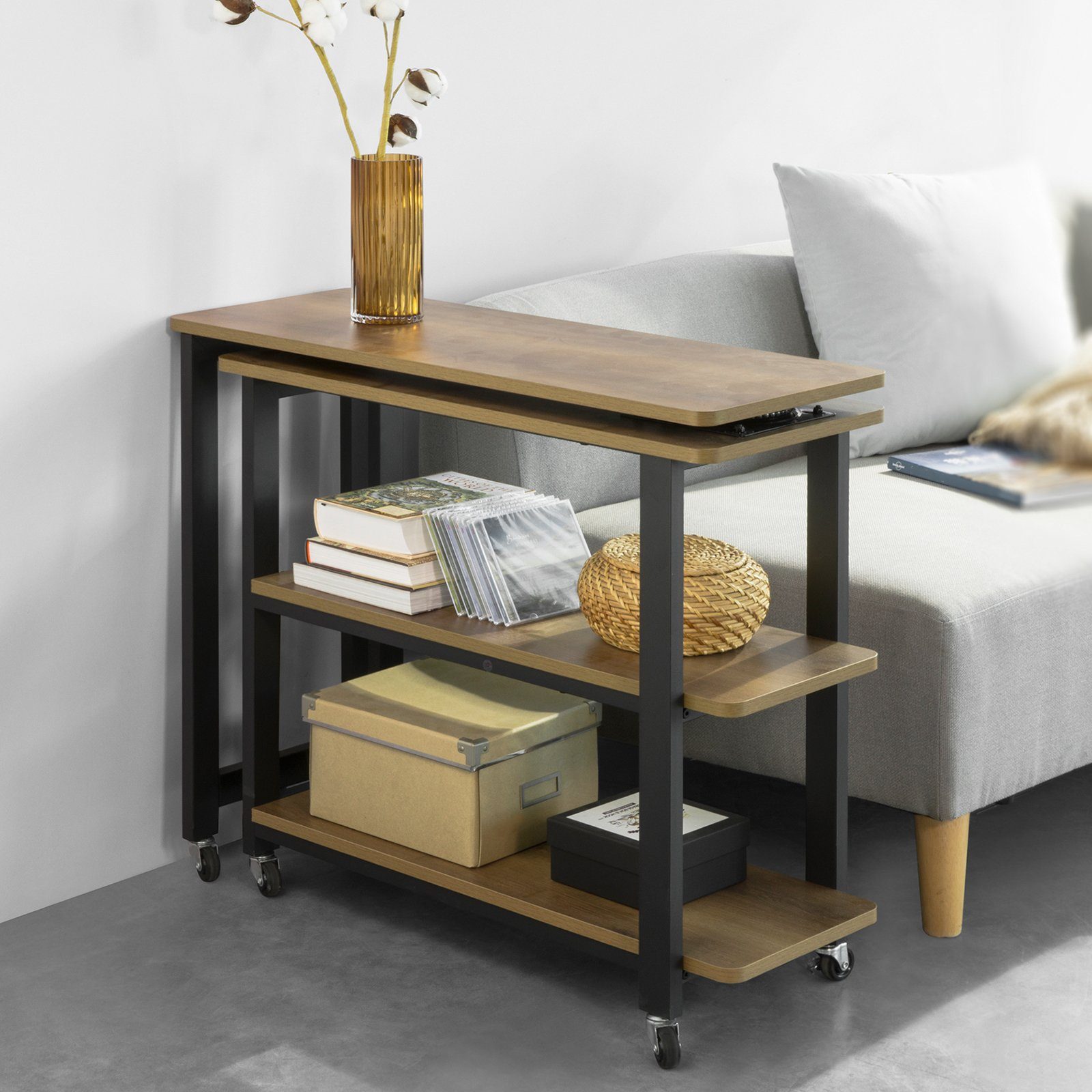 SoBuy Beistelltisch FWT83, mit 2 Ablagen Sofatisch mit Rollen Couchtisch Eckschreibtisch