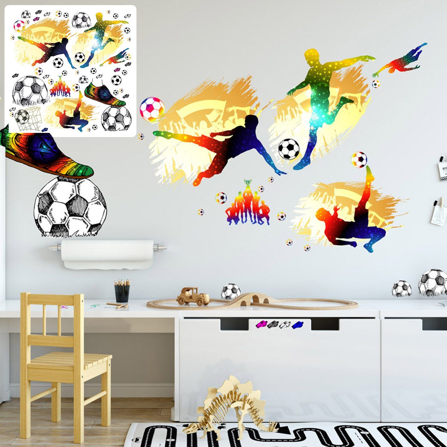 Sunnywall Wandtattoo XXL Wandtattoo Fussball Set verschiedene Motive, Kinderzimmer Aufkleber bunt Wanddeko Fußball soccer Football, einzigartiges Design