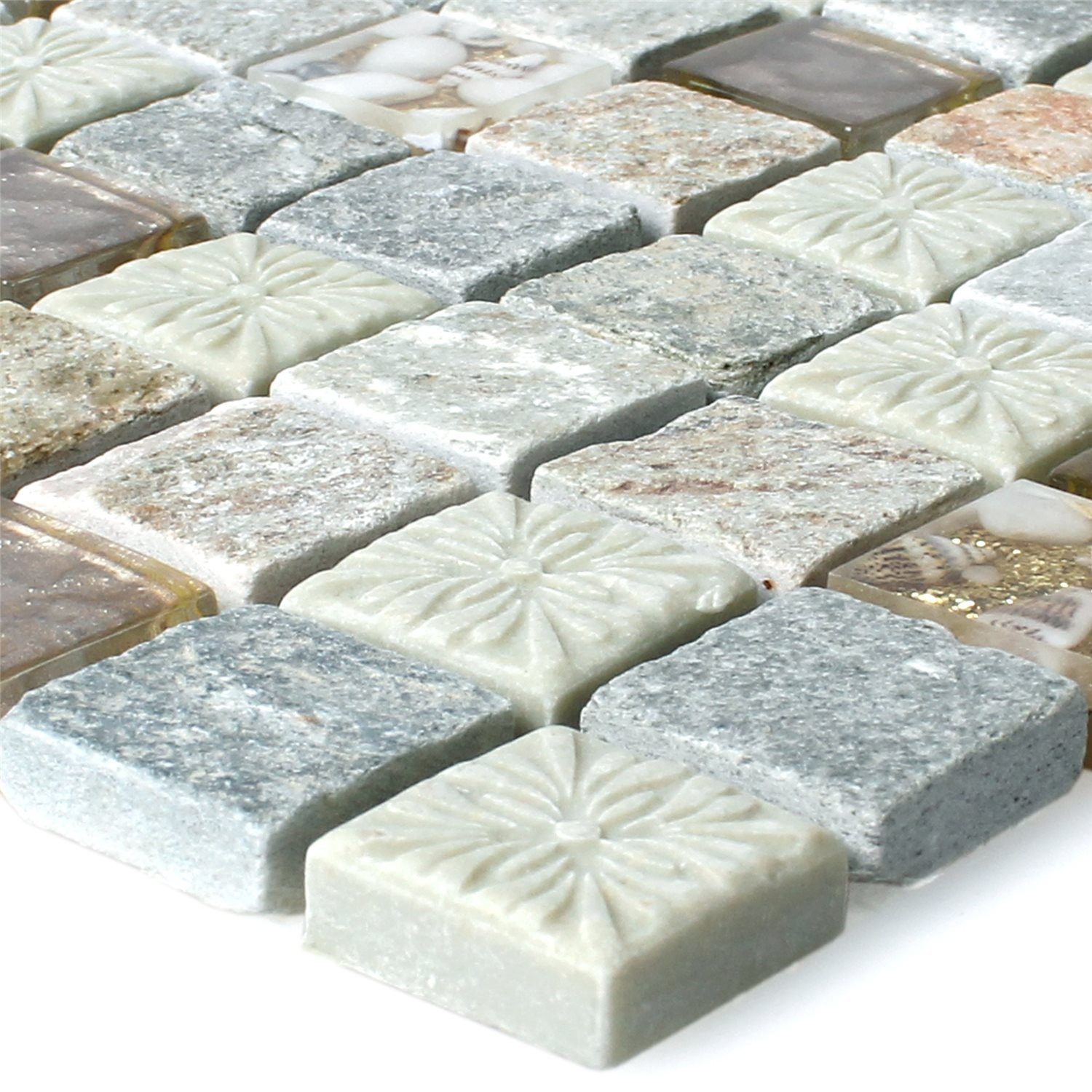 Mosafil Mosaikfliesen Mosaikfliesen Harmonia Gold Beige, Naturstein-Glas-Quarzit 30.000x30.000, beige-grau, Verlegefertig auf ein Netz geklebt - Wasserfest