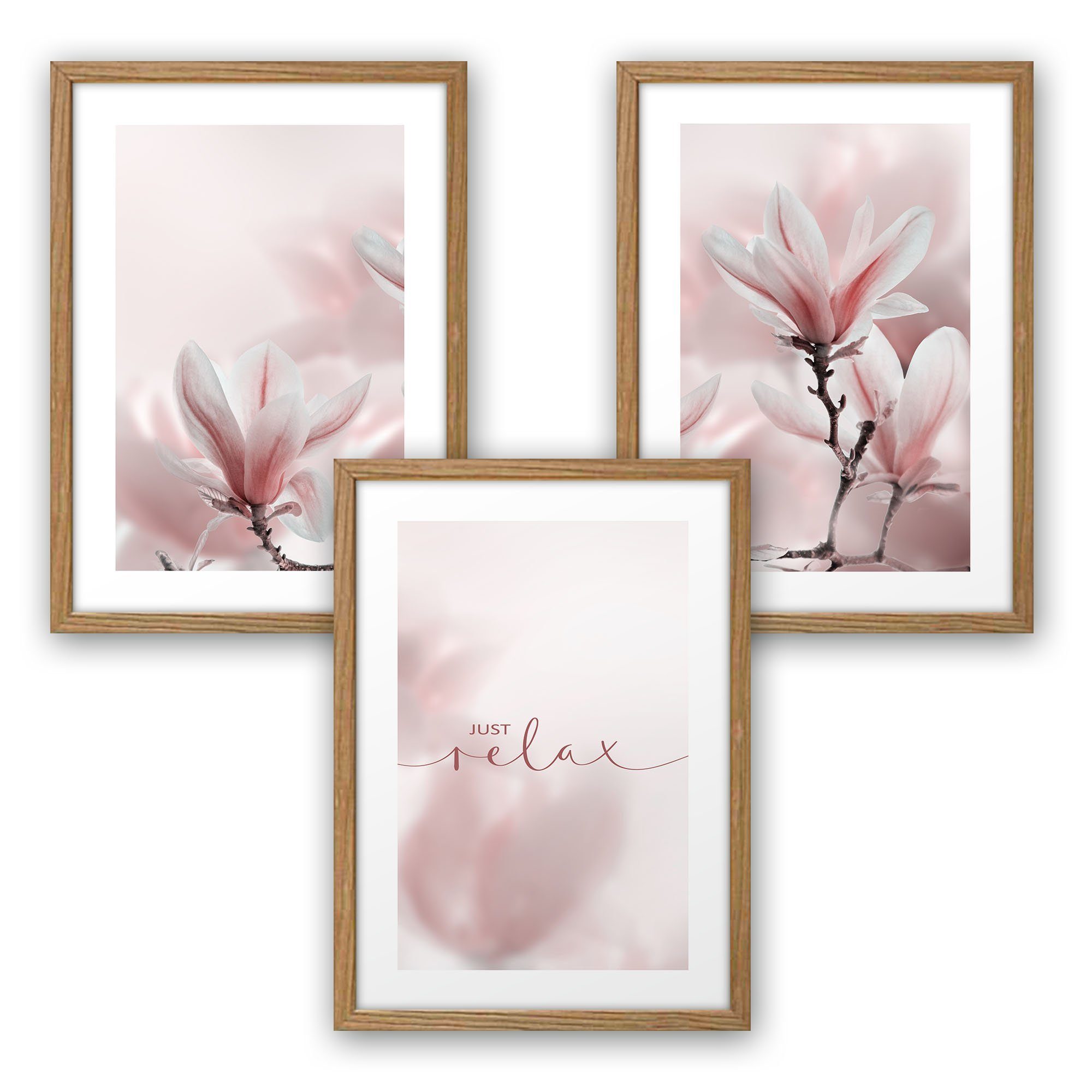 Kreative Feder Poster 3-teilig Blumen Rahmen; „Magnolie“ A3 (Set, optional oder natur A4 Rahmen mit DIN optional Rahmen, Set DIN St), wahlweise 3 Premium mit