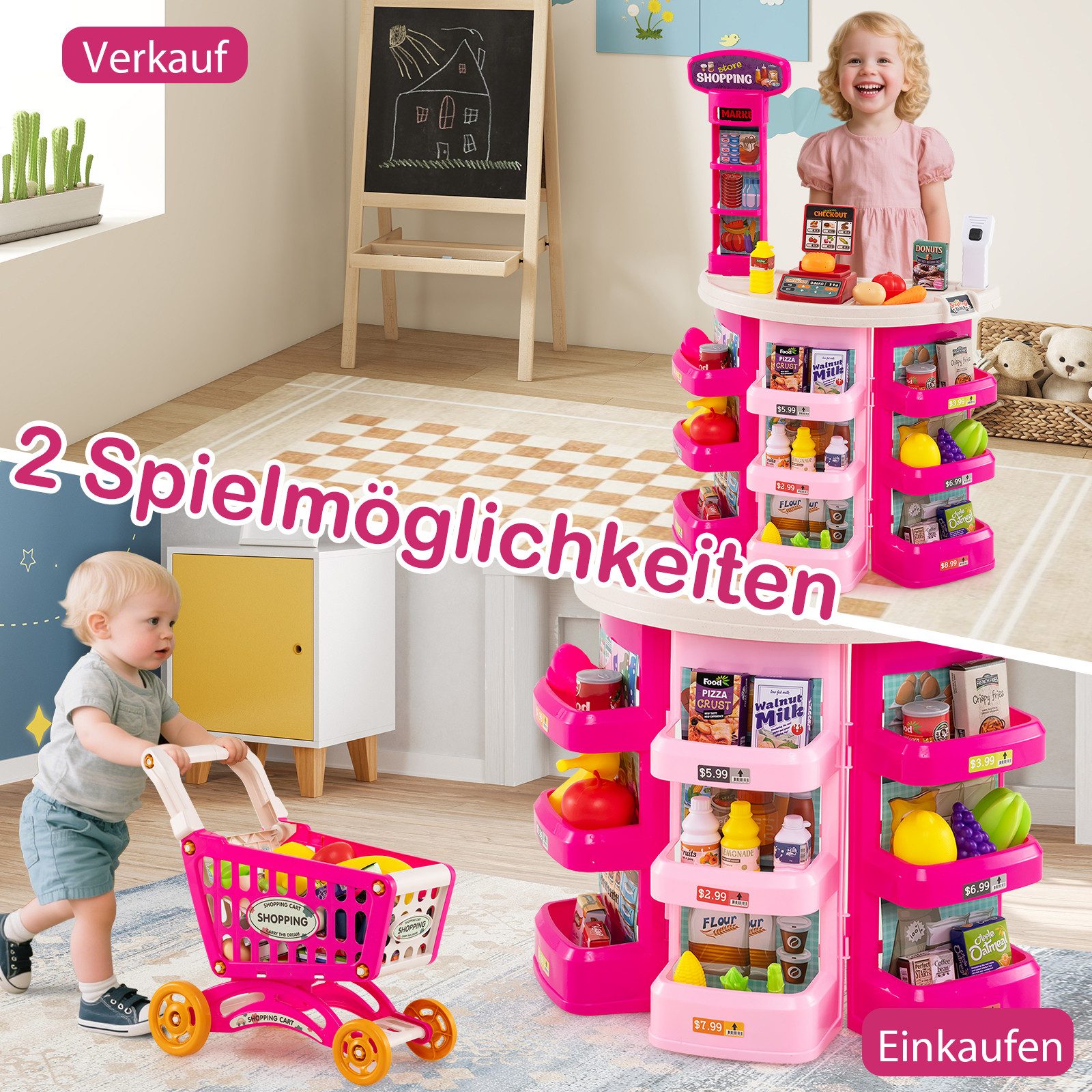 COSTWAY Kaufladen, Spielzeug Supermarkt mit Einkaufswagen, Waage & Scanner