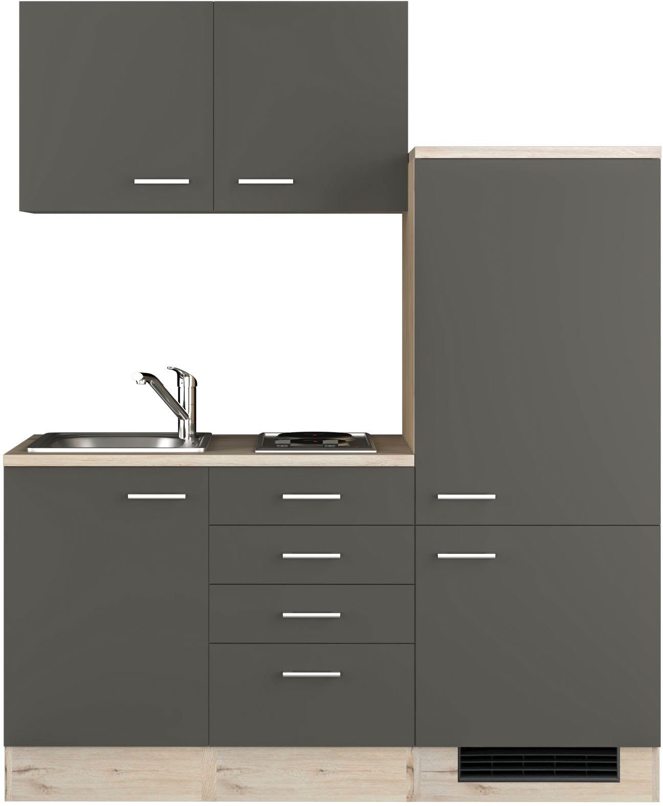 Flex-Well Pantryküche Morena, Gesamtbreite 160 cm, mit Einbau-Kühlschrank, Kochfeld und Spüle, etc.