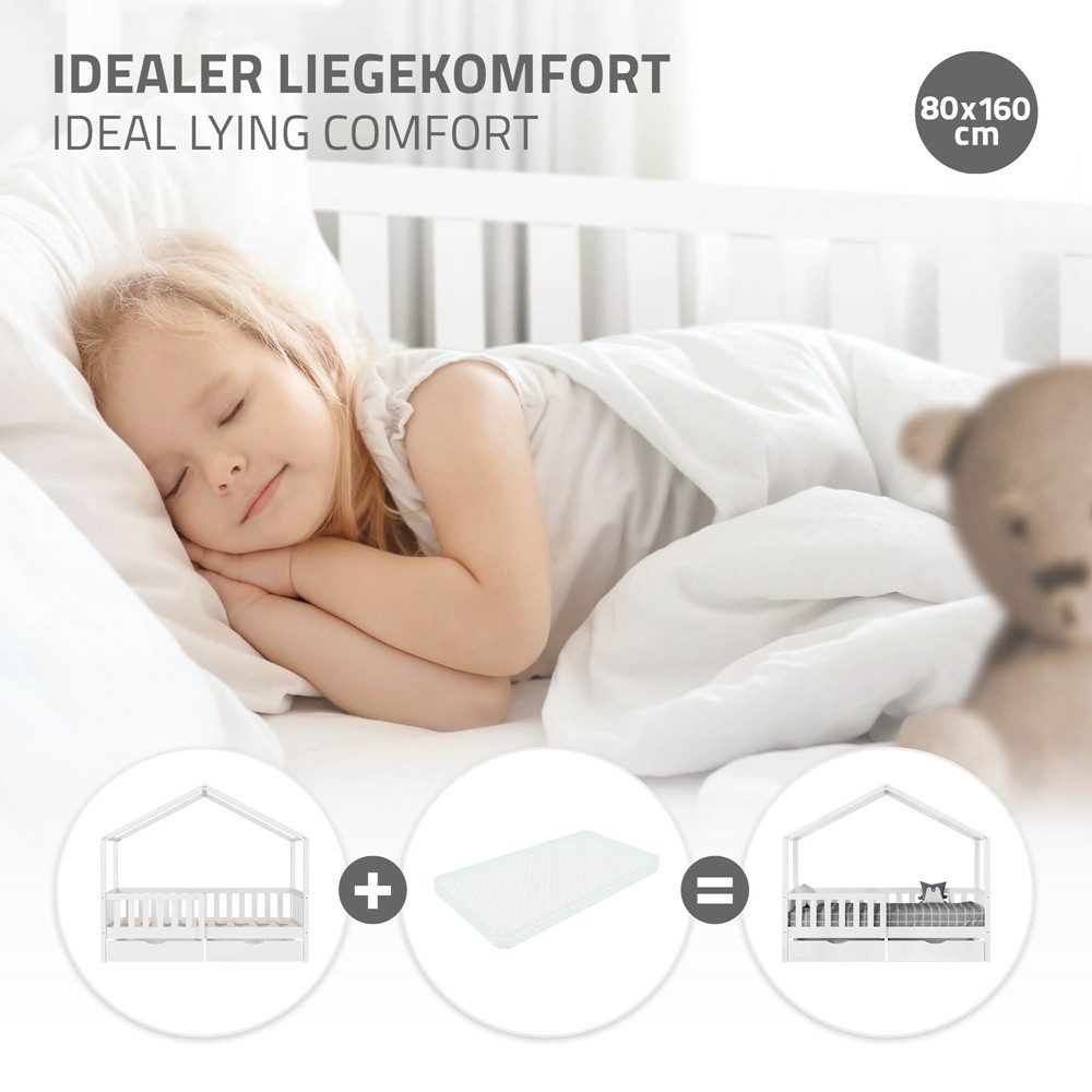ML-DESIGN Spielbett Hausbett Kinderbett inkl. 2 Schubladen, Lattenrost und Rausfallschutz, Abenteuerbett 80x160cm Haus Bett Himmelbett Kiefer Jugendbett Weiß – Bild 4 von 5