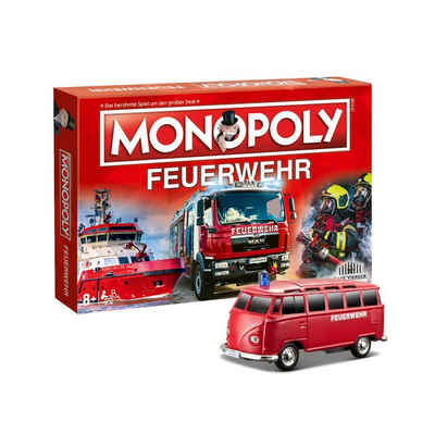 Winning Moves Spiel, Brettspiel »Monopoly Feuerwehr 2021 + VW T1 Feuerwehr Modellauto mit Licht & Sound (12cm)«