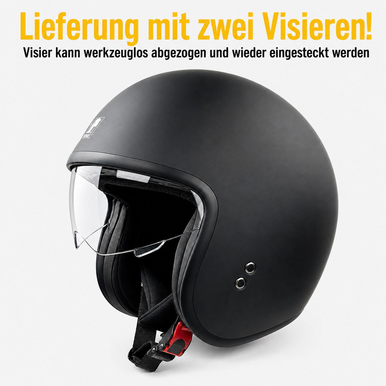 RÖMER HELME Motorradhelm RR10701 - Jethelm mit Sonnenvisier + gratis klarem Visier, mattschwarz, Sonnenblende & klares Visier auswechselbar