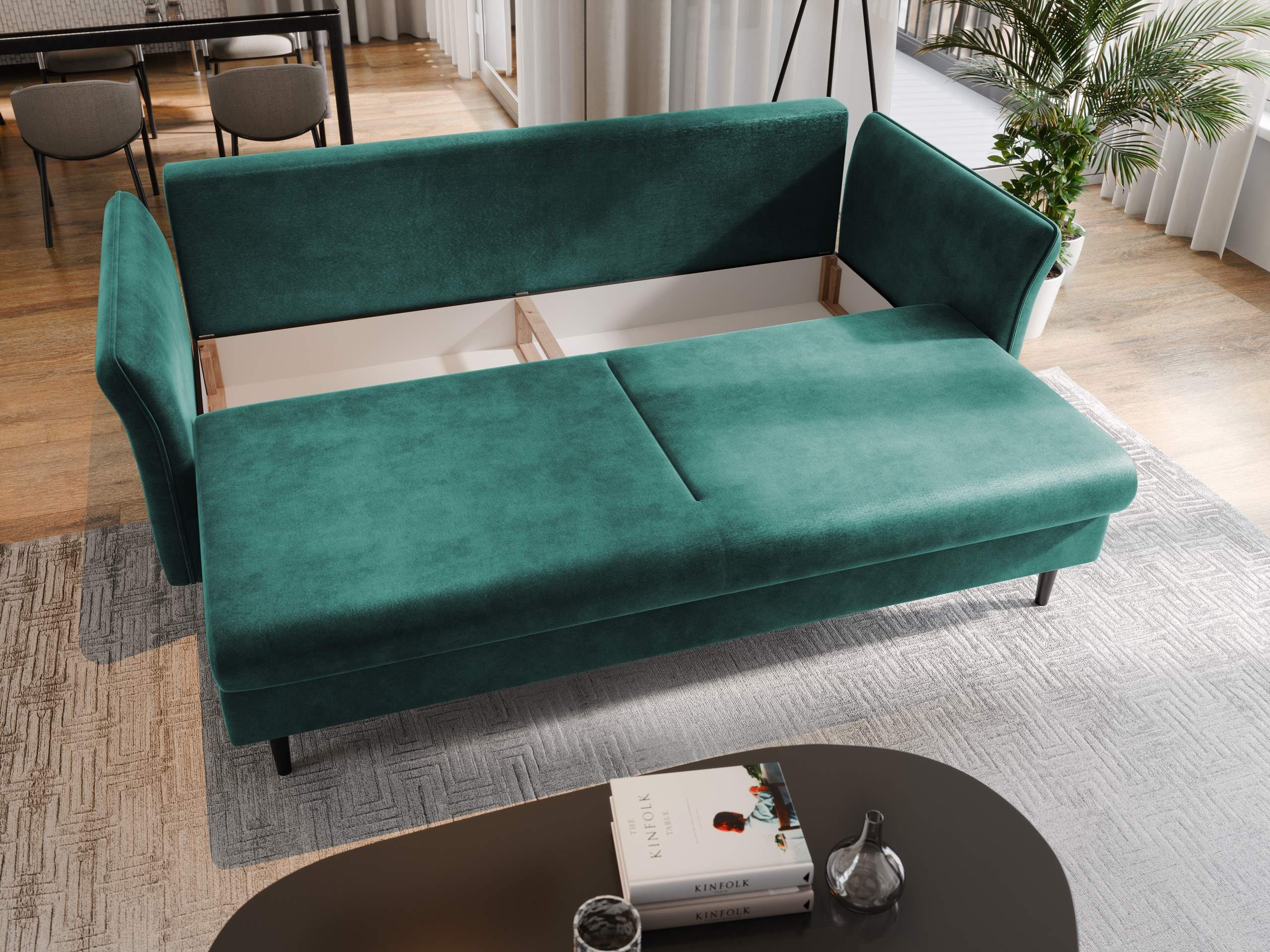 Muffo Loungesofa Bettsofa ISMENA, Große Liegefläche 147x190 cm Bettzeugcontainer, Lose Rückenkissen, hohe Metallbeine