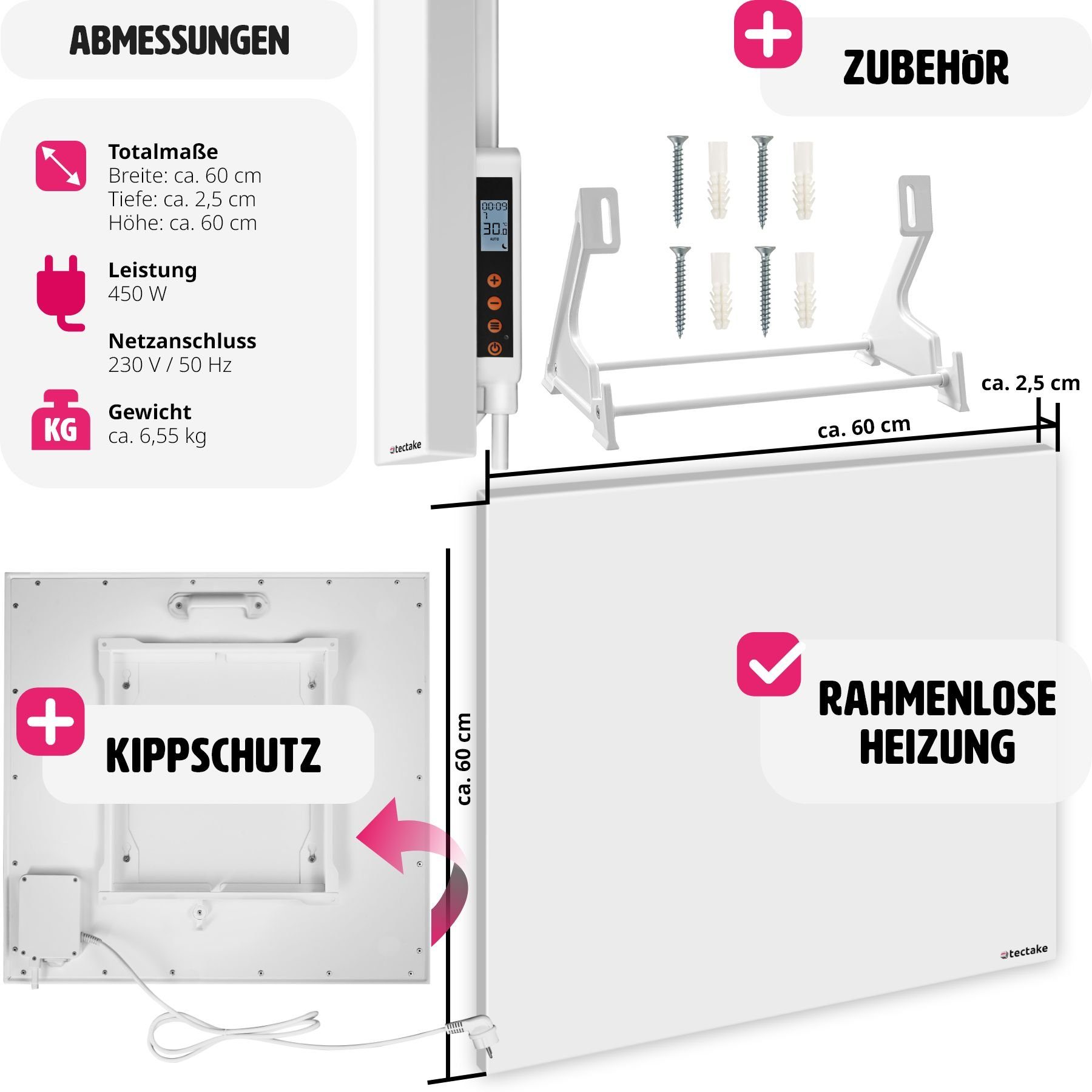 tectake Heizkörper Infrarotheizung, rahmenlos mit Thermostat