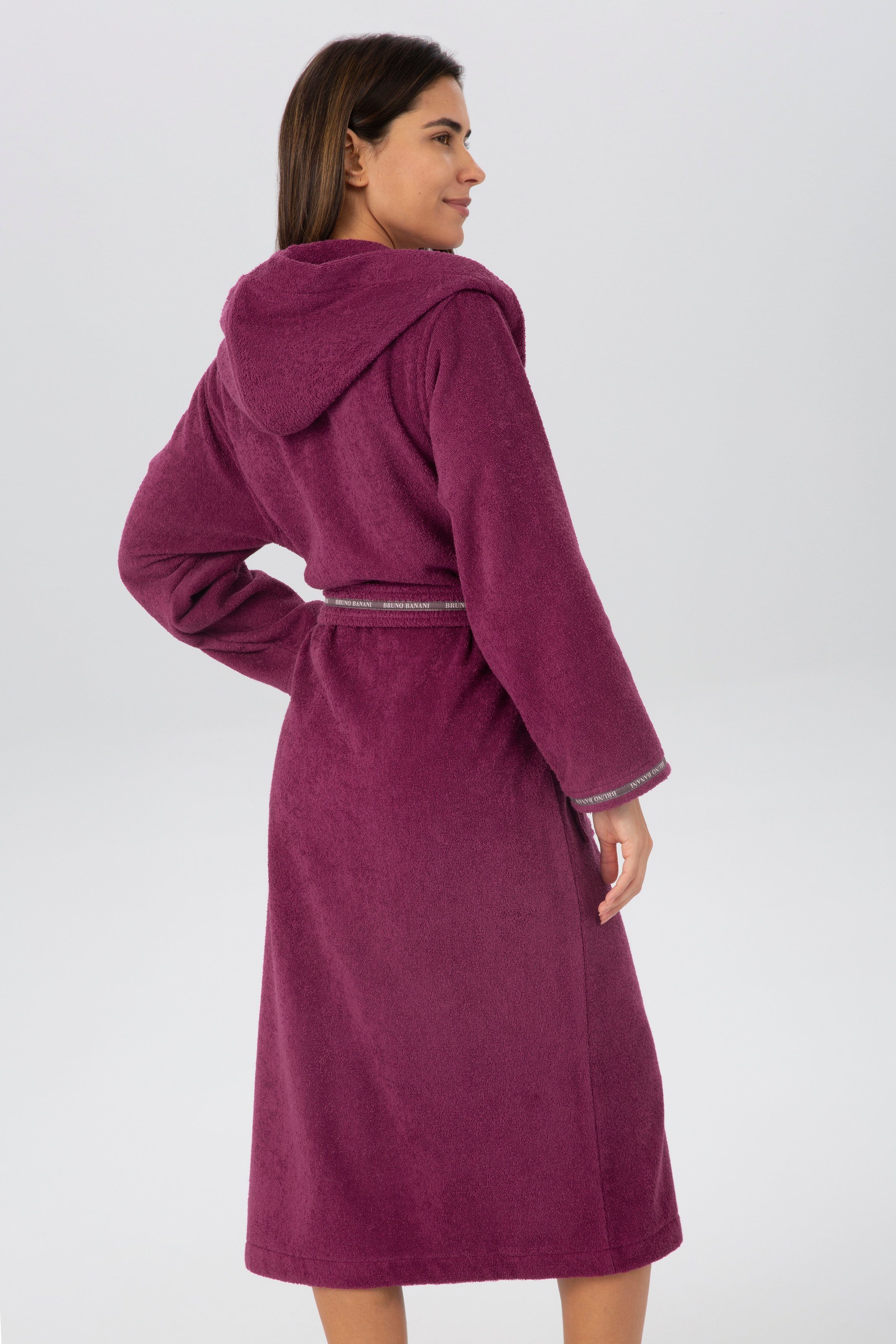 Bruno Banani Damenbademantel Danny, ideal für Sauna & Spa, Hotelbademantel, Morgenmantel, Langform, Walkfrottier, Kapuze, Gürtel, mit Logostreifen, aus 100% Baumwolle, XS-3XL
