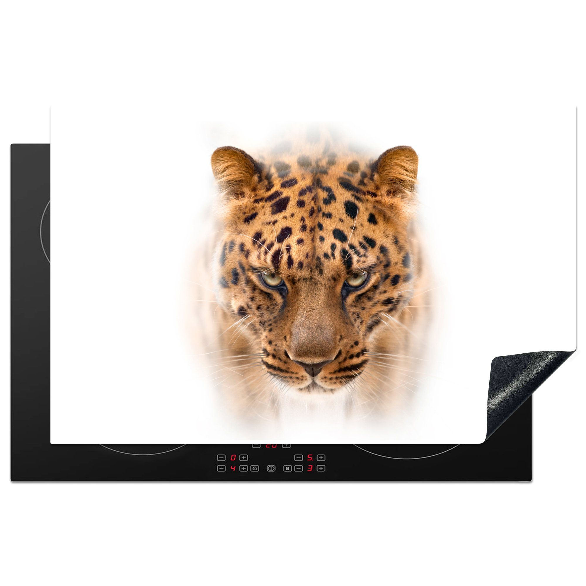 81x52 cm, für - Leopard Ceranfeldabdeckung Herdblende-/Abdeckplatte die MuchoWow (1 Schutz Vinyl, - Induktionskochfeld Weiß Gesicht, küche, tlg),