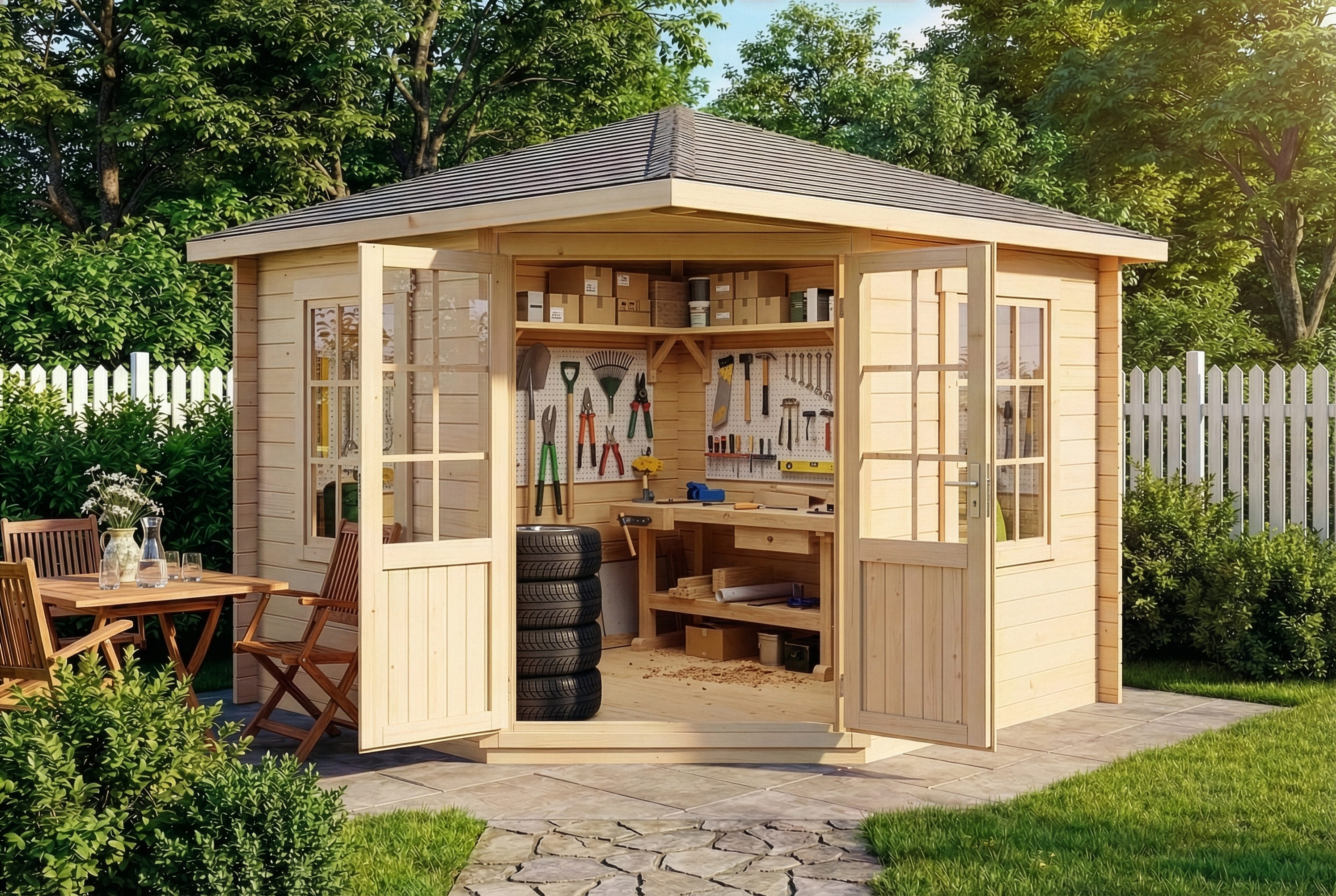 Alpholz Gartenhaus Holz 5-Eck Monica, BxT: 320x320 cm, in Naturbelassen mit 28mm Wandstärke