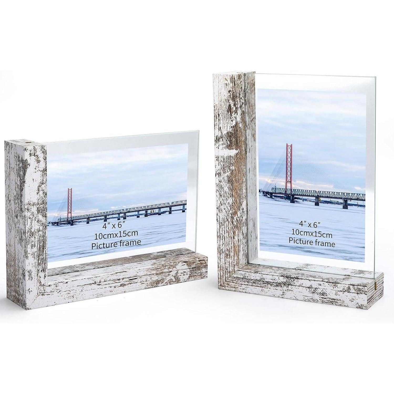 LuxusKollektion Bilderrahmen-Set Bilderrahmen 2er Set Glas Doppelseitig MDF Vintage-Weiß 10x15 cm, (2 St)