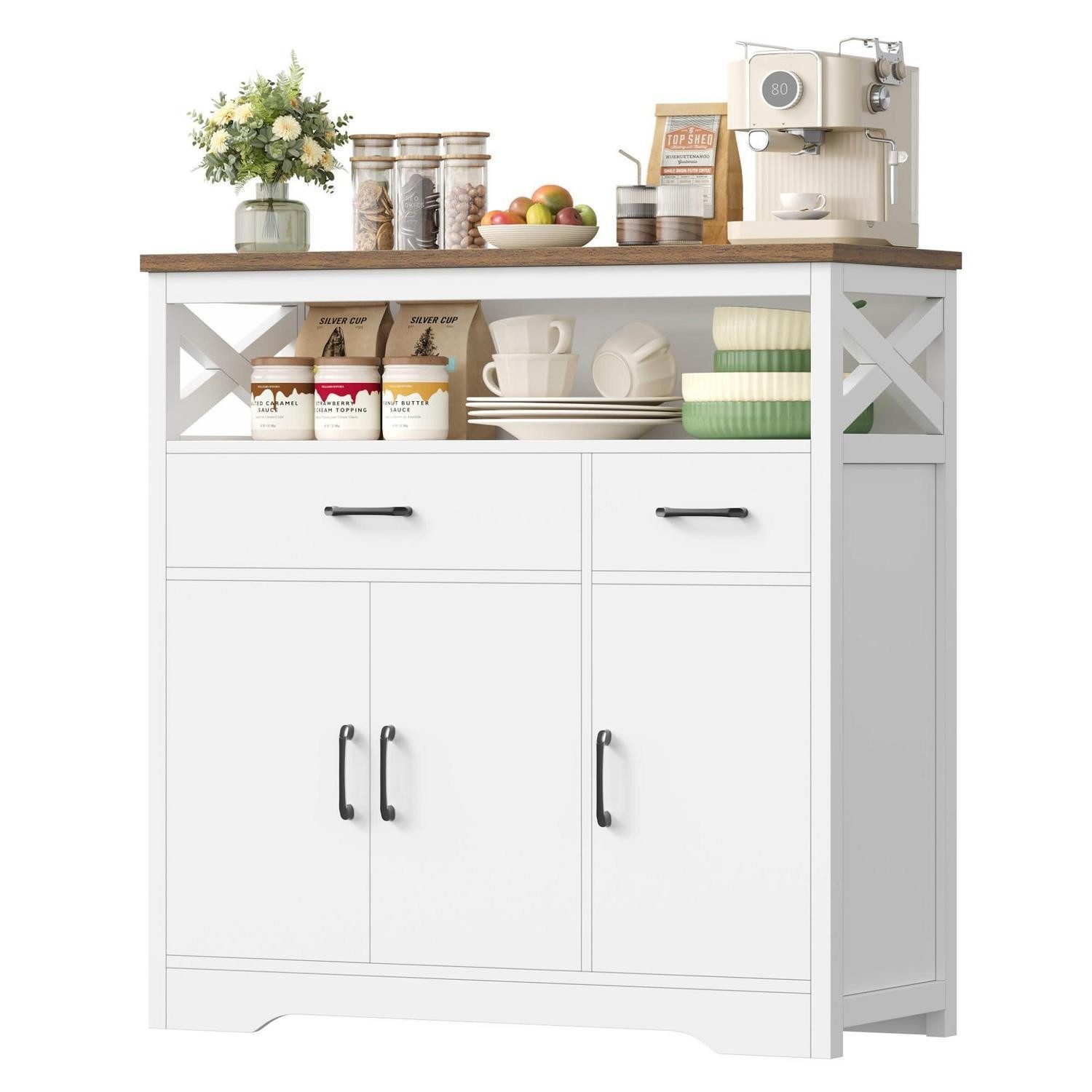 LuxusKollektion Küchenbuffet Sideboard weiß 2 Schubladen 3 Türen Arbeitsplatte verstellbare Regale