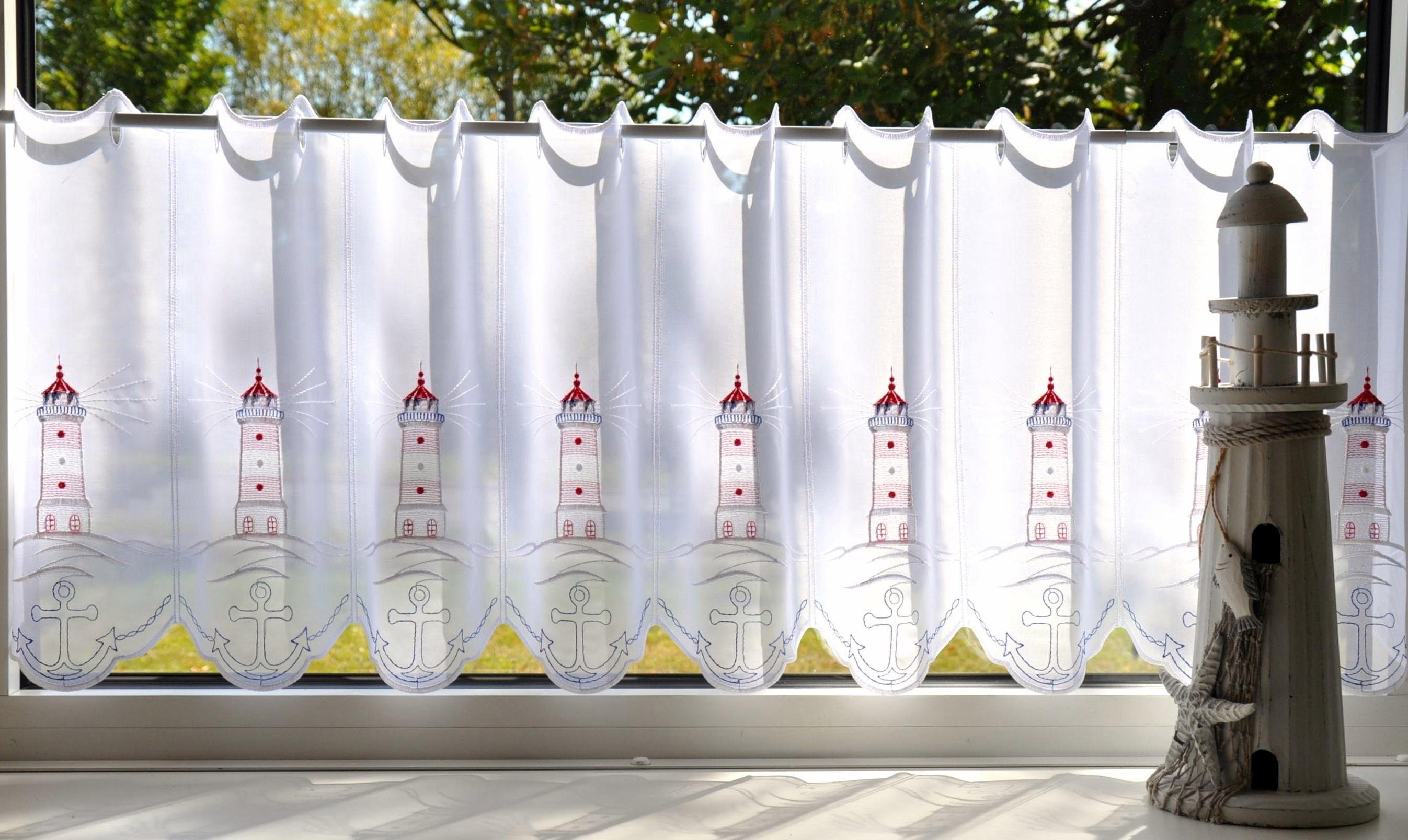 Leuchtturm, transparent, (1 Stangendurchzug Stickereien Scheibengardine echter mit Spitze St), Stickerei Plauen, Voile, Plauener