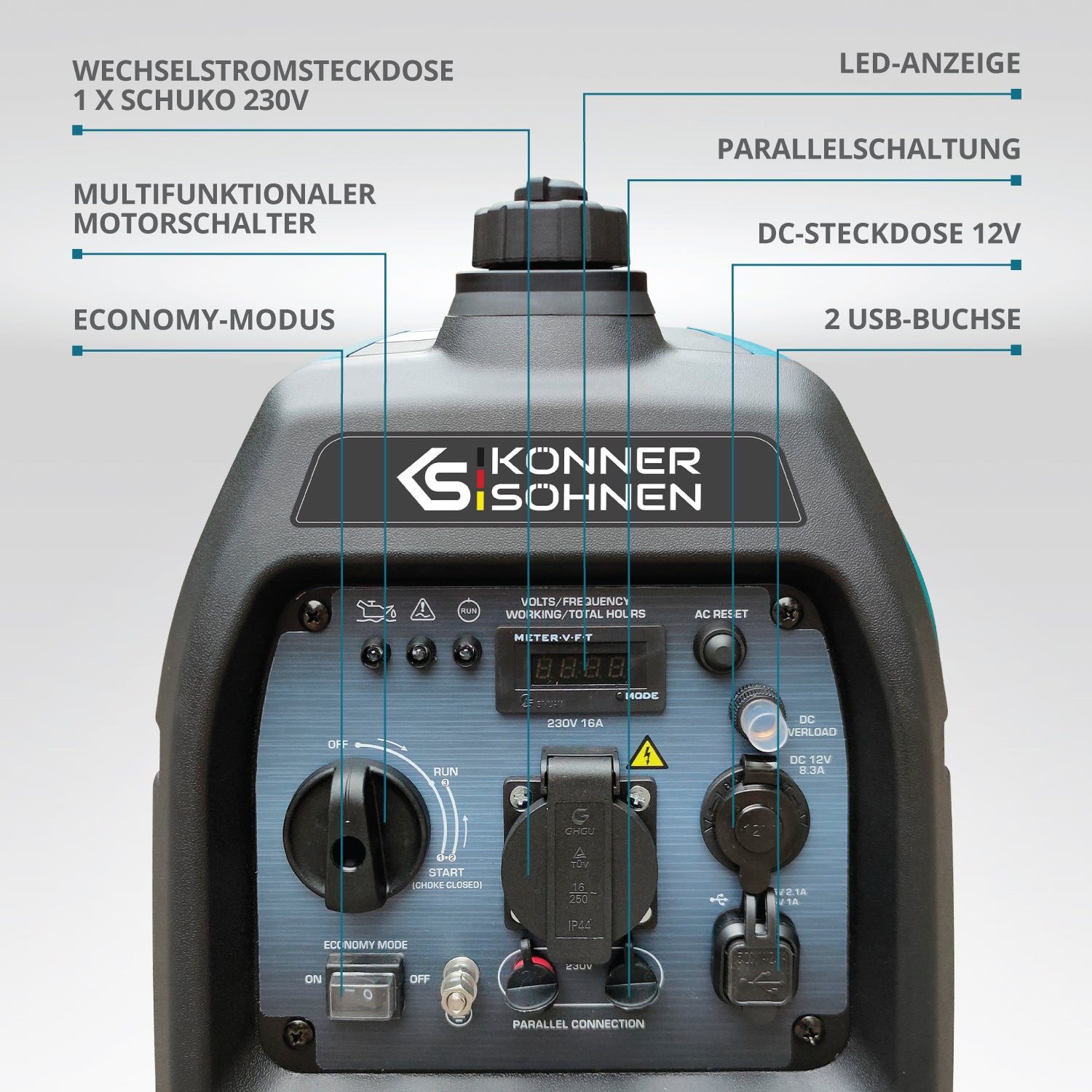 Könner & Söhnen Stromerzeuger KS 2100i S, 2,00 in kW, (Superleiser Benzin-Inverter-Generator mit USB-Anschluss, 1-tlg., 2.0 kW, 62 dB(A), ECO-Modus, Ideal für Camping & Outdoor), Reine Sinuswelle, 2x USB, 18.5 kg, Parallelschaltung, Leise