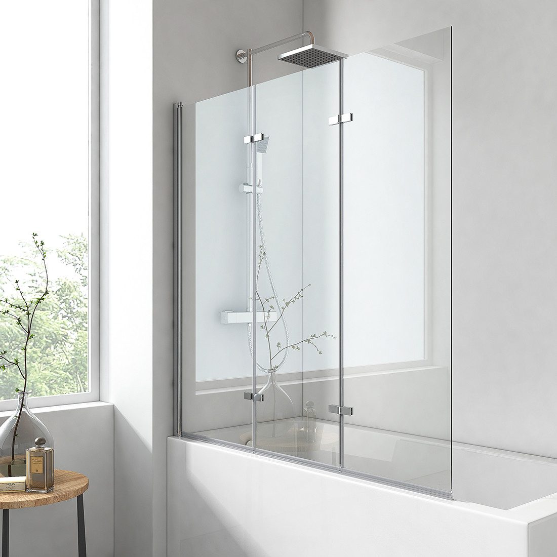 EMKE Badewannenaufsatz 3-teilig Faltwand 180° Duschwand für Badewanne Badewannenfaltwand, Einscheibensicherheitsglas, (Set), mit NANO einfach-Reinigung Beschichtung Faltwand 6mm Sicherheitsglas