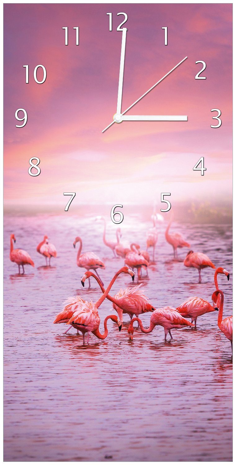 Wallario Wanduhr Acryl) Rosa Flamingos aus (Uhr bei Sonnenuntergang