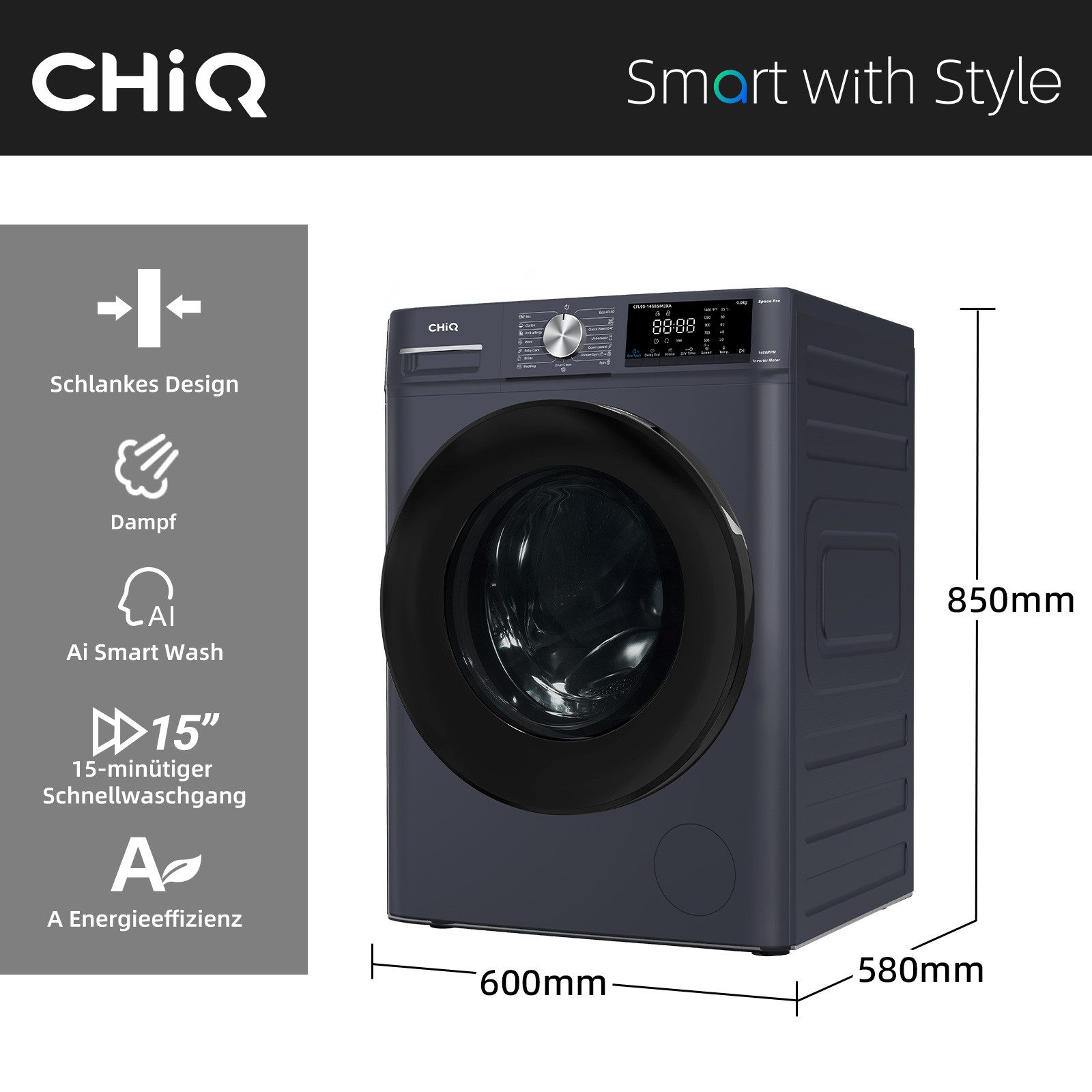 CHiQ Waschmaschine Space Pro Große Kapazität, 16 Programme, 9 kg, 1400 U/min, Inverter-Motor, Dampfwäsche, 12 Jahre Gratis Garantie auf den Motor