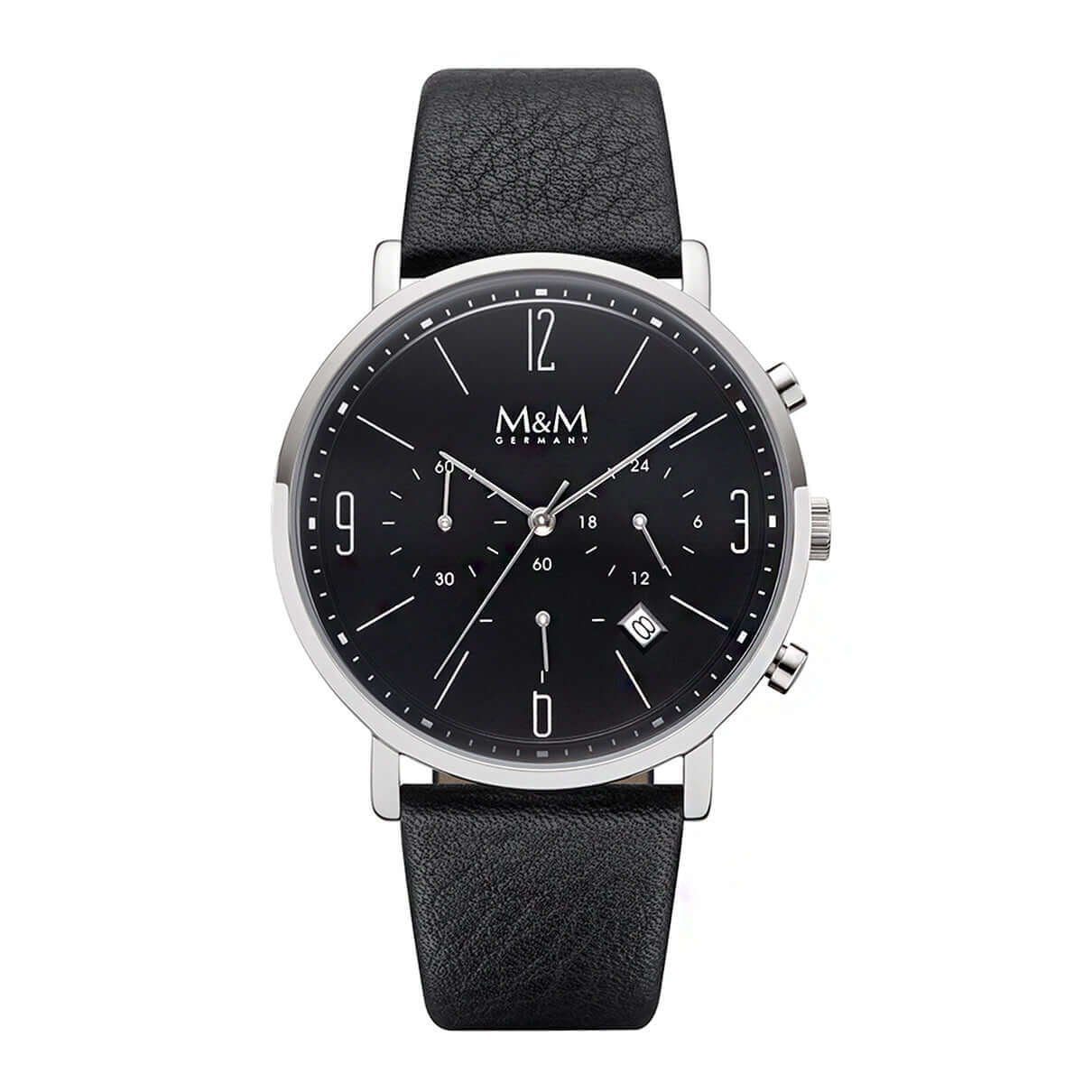 M&M Quarzuhr Armbanduhr Lederarmband Chronograph, (1-tlg), Analoguhr rund mit Lederarmband, Designer Uhr schwarz