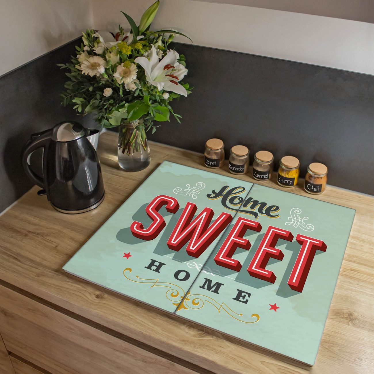 banjado Herd-Abdeckplatte zweiteilig aus Glas mit Motiv Home Sweet Home, (gehärtet, 2 tlg., inkl. selbstklebende Gummifüßchen)