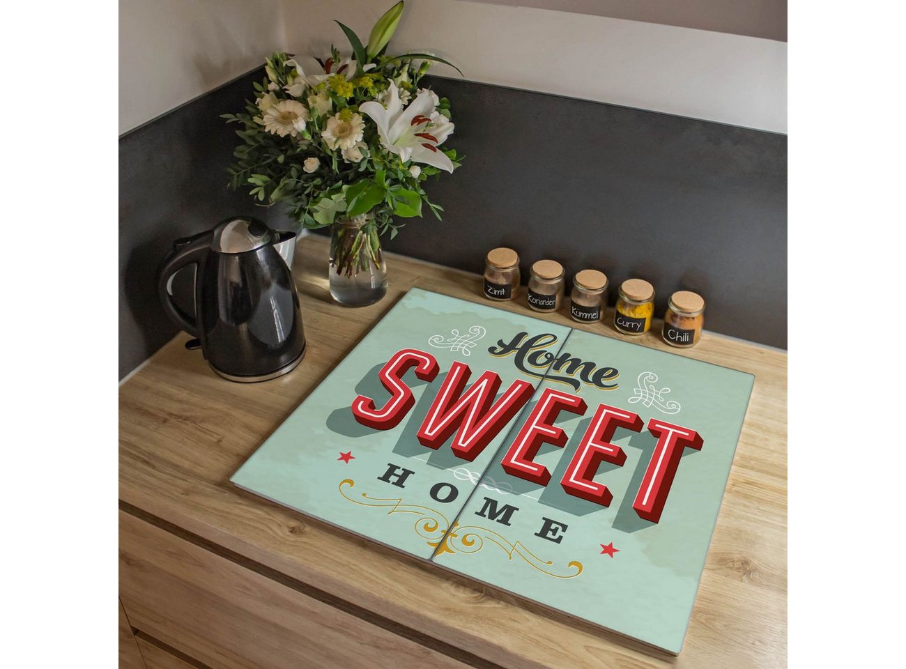 banjado Herd-Abdeckplatte zweiteilig aus Glas mit Motiv Home Sweet Home, (gehärtet, 2 tlg., inkl. selbstklebende Gummifüßchen)