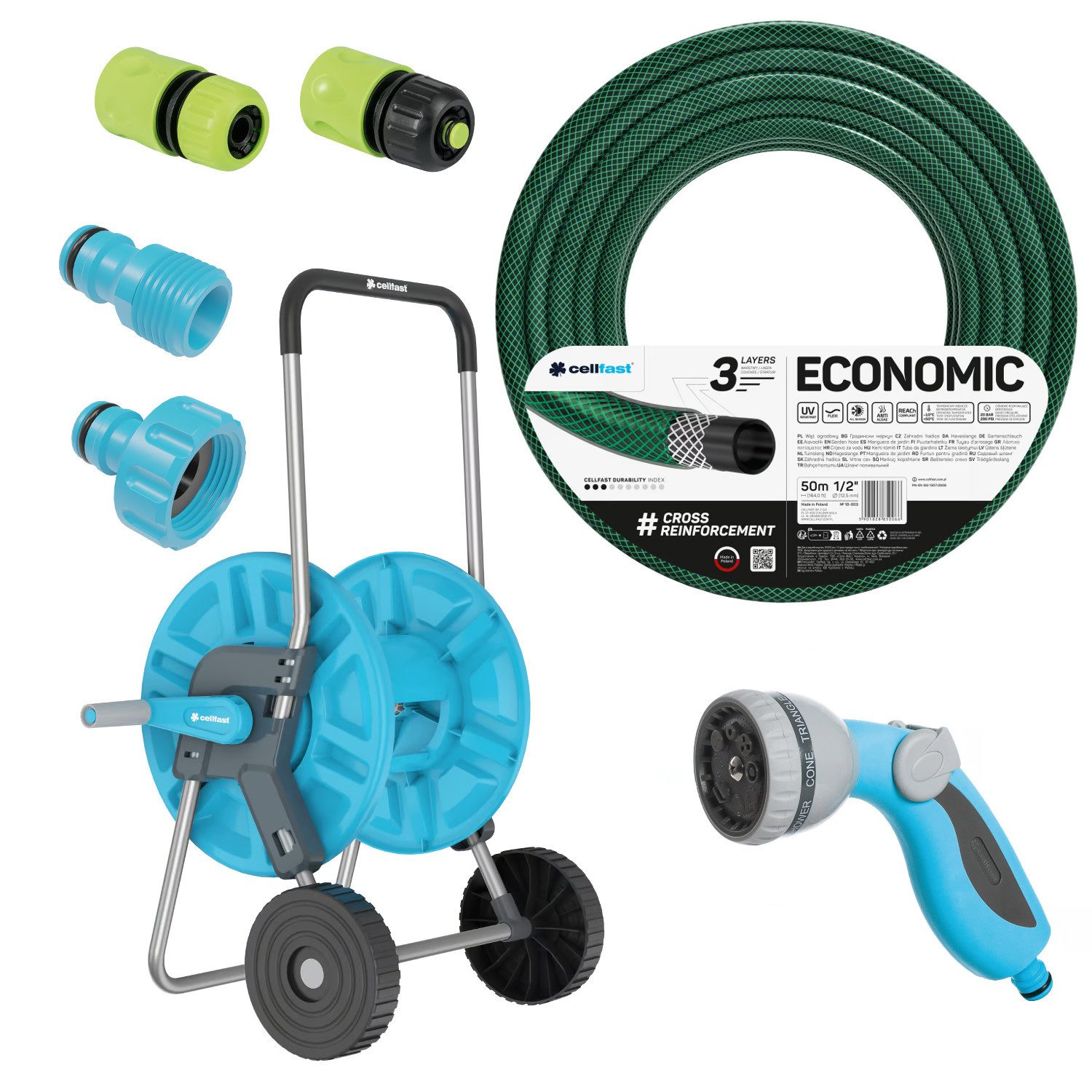 Cellfast Schlauchwagen Economic Schlauchsatz 1/2'' 50 m + Rollwagen, Anti-Algae, UV-beständig