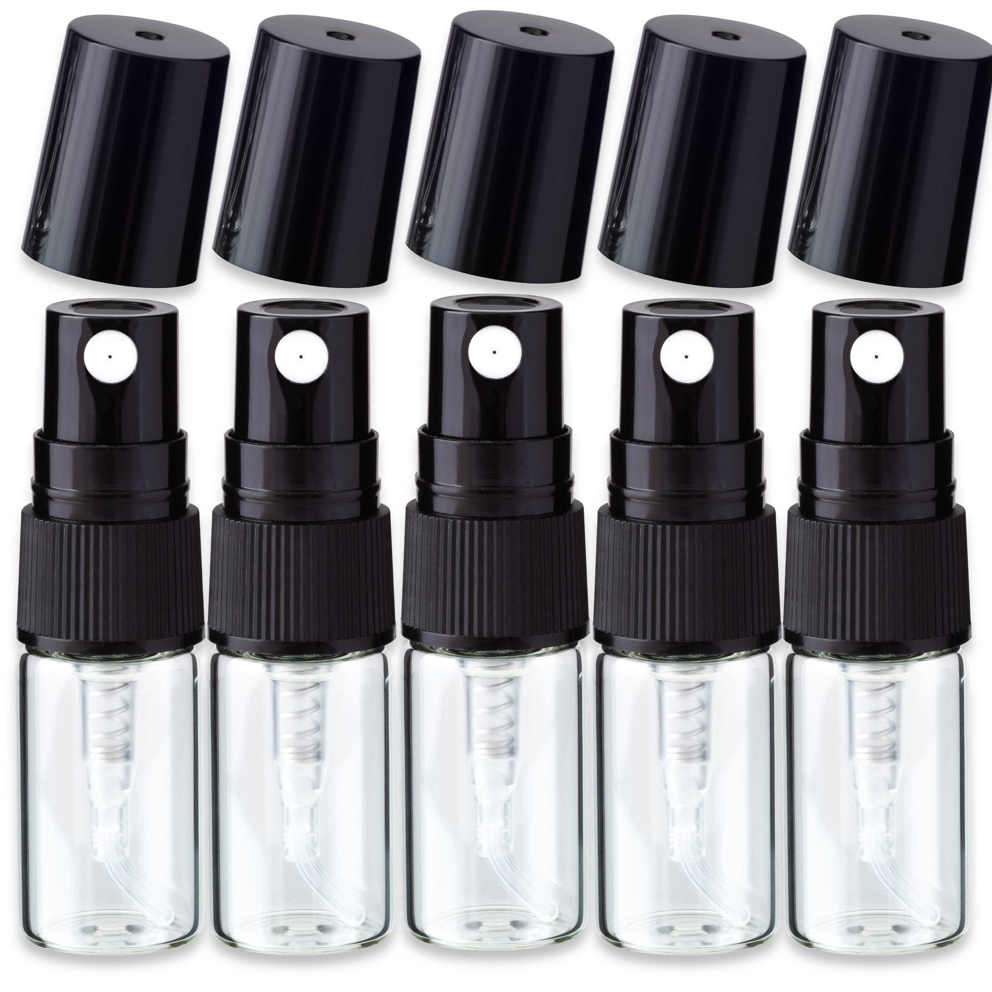 CK Verpackung GmbH Parfümzerstäuber 5x Glasfläschchen 2 ml mit schwarzem Schraubzerstäuber Probefläschchen (Set x5)