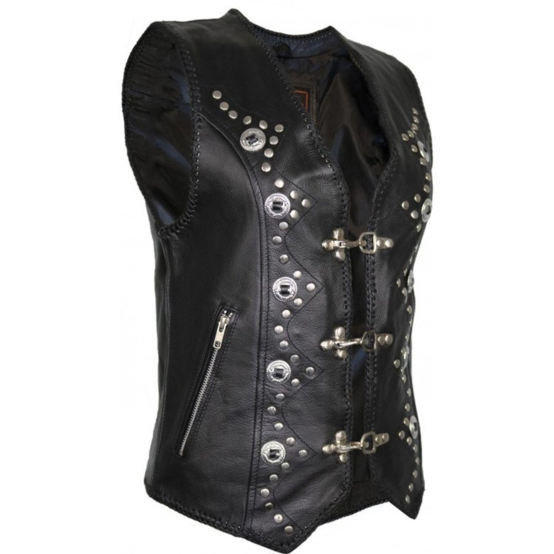 MDM Motorradweste Damen Lederweste Schwarz Bikerstil mit Nieten Conchos Schnallen