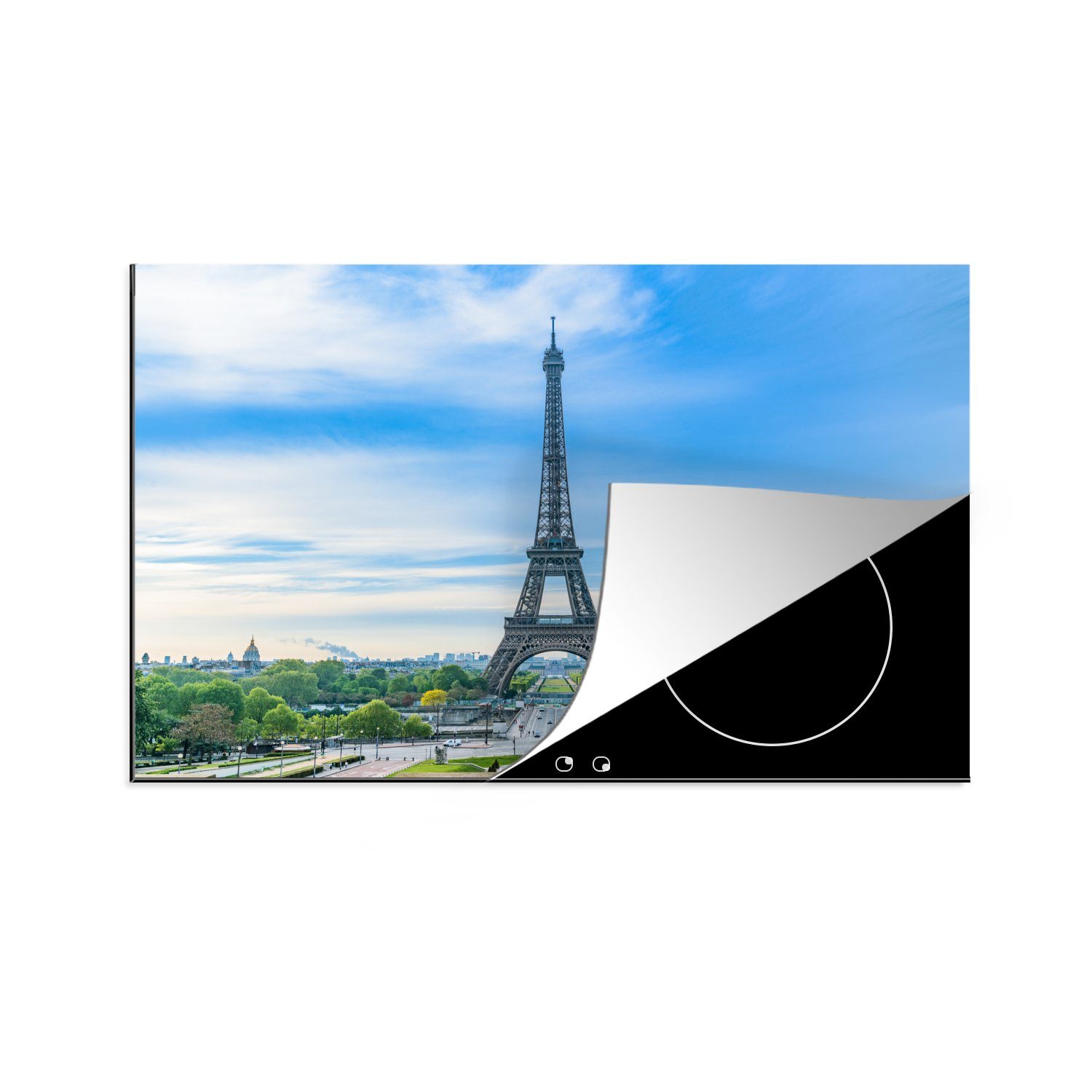 Induktionskochfeld die 81x52 blauem cm, Eiffelturm unter Himmel, Ceranfeldabdeckung für Schutz Vinyl, tlg), Herdblende-/Abdeckplatte MuchoWow küche, (1