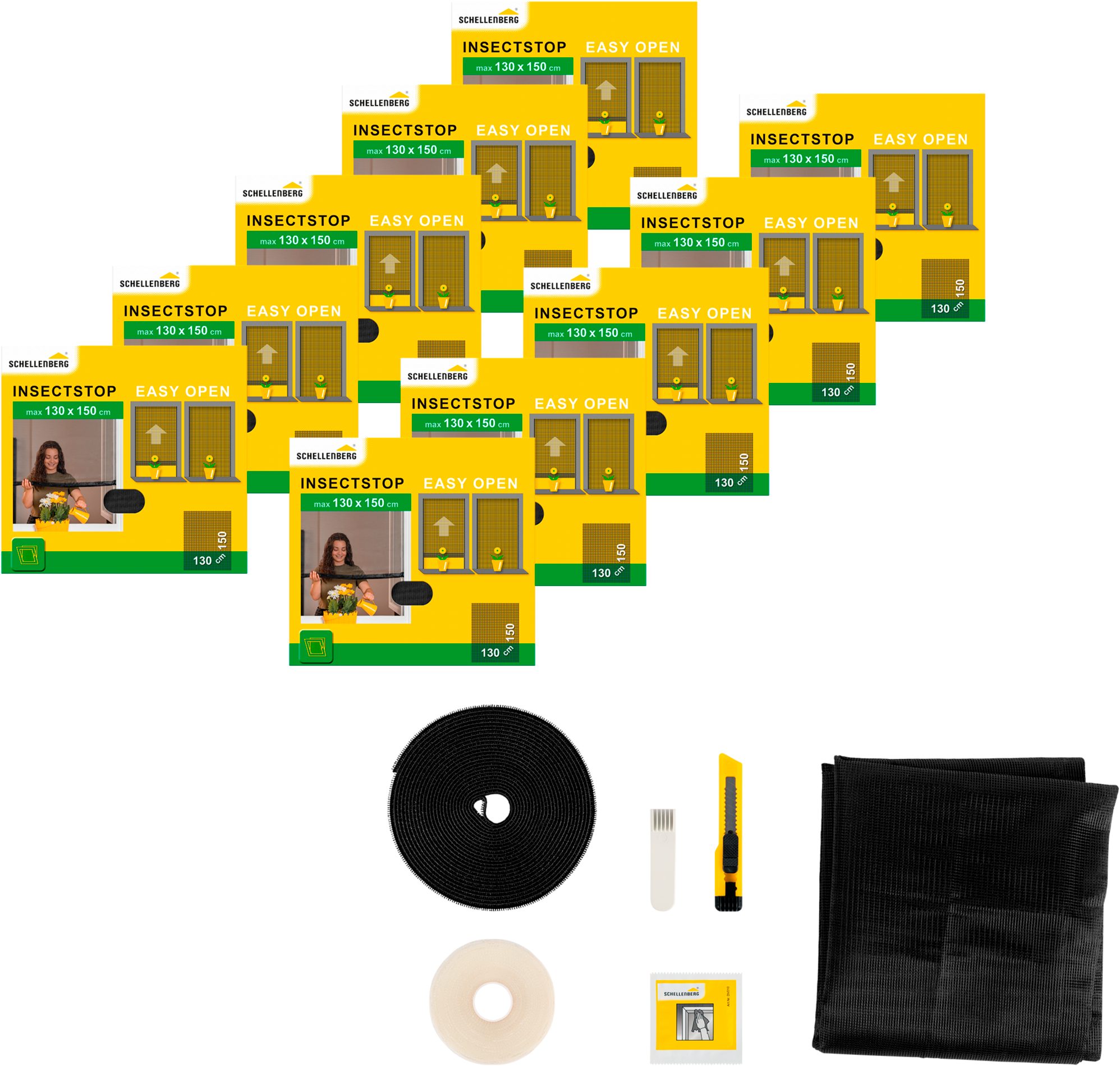 SCHELLENBERG Fliegengitter-Gewebe Simply Open aufrollbar für Fenster, 3-er Pack, (Set, 10-St), Klebe-Klett-Montage, 130 x 150 cm, anthrazit