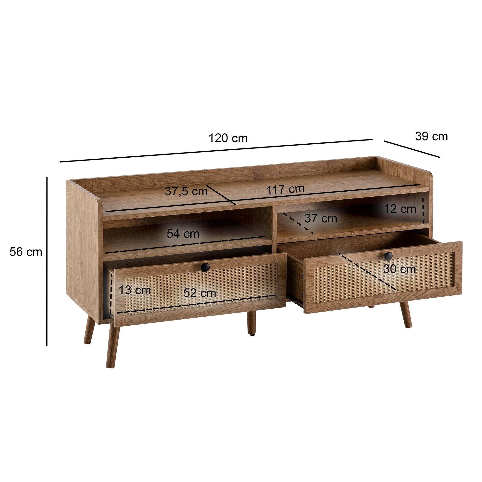 FINEBUY Lowboard FB106345 TV-Board 120cm Kommode Ablage & 2 Schubladen Wiener Geflecht (Eiche Dekor 120 cm, Schublade Stauraum Geflecht), TV-Kommode Hoch, TV-Schrank Modern Fernsehtisch