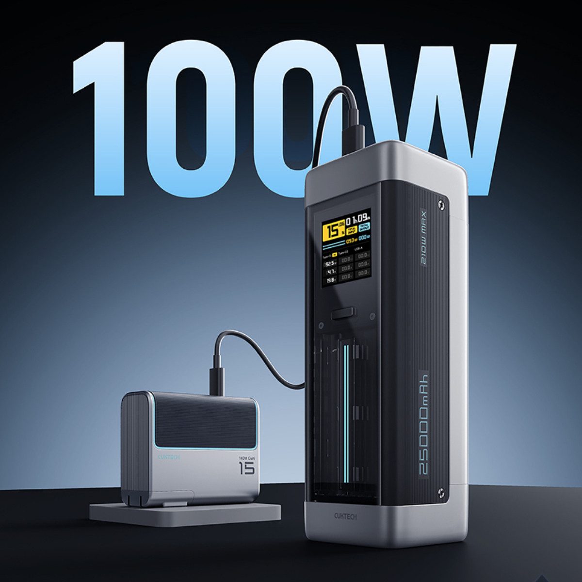 Cuktech CUK00P23GLBK Powerbank 25000 mAh (5, 9, 12, 15, 20 V), 210W Leistung mit 140W Schnellladen und TFT Display – Bild 4 von 5