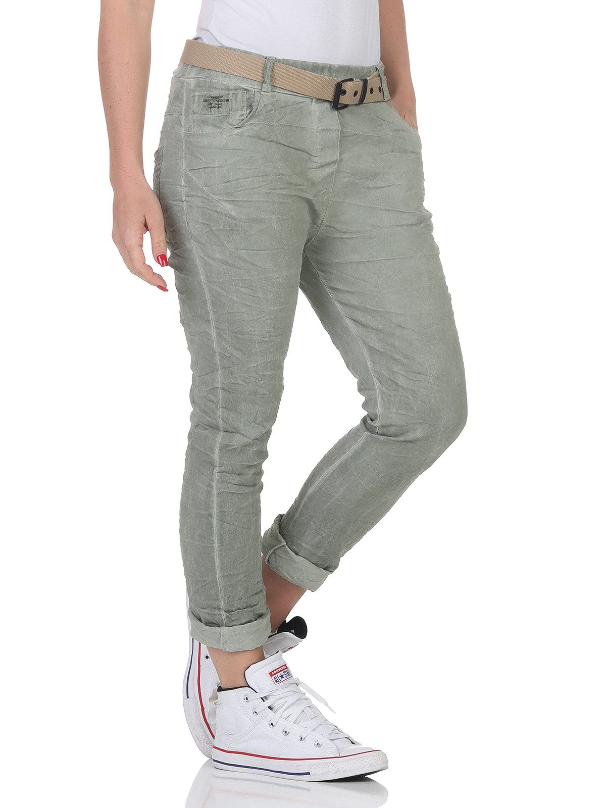 CLEO STYLE Jogger Pants Damen Hose Gürtel 21306 34-38 Khaki