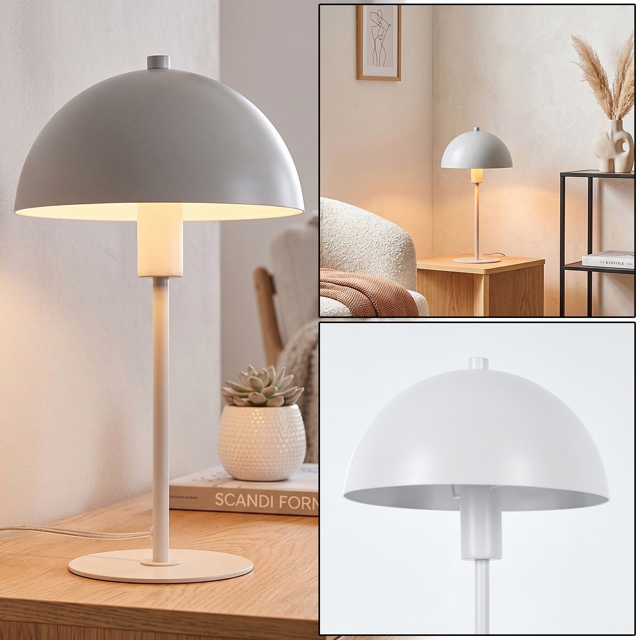 hofstein Tischleuchte moderne Nachttischlampe aus Metall in Weiß, ohne Leuchtmittel, RetroTischlampe, Ø20cm, 36cm, Schalter, 1 x E14, ohne Leuchtmittel.