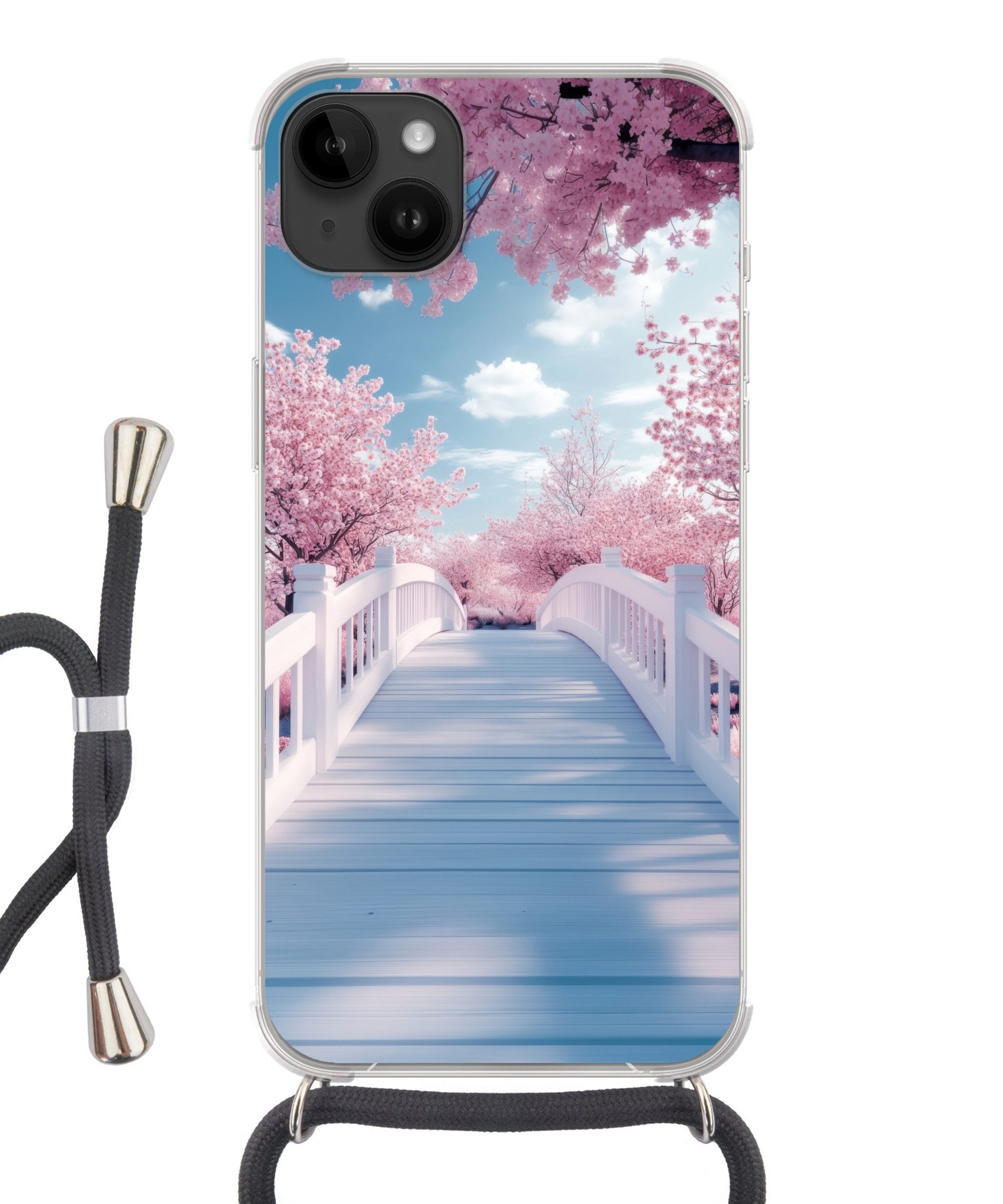 MuchoWow Handyhülle für Apple iPhone 14 Max Brücke - Kirschbäume - Weiß, Tragbare Handyhüllen mit Kette zum umhängen, Handykette Handyband