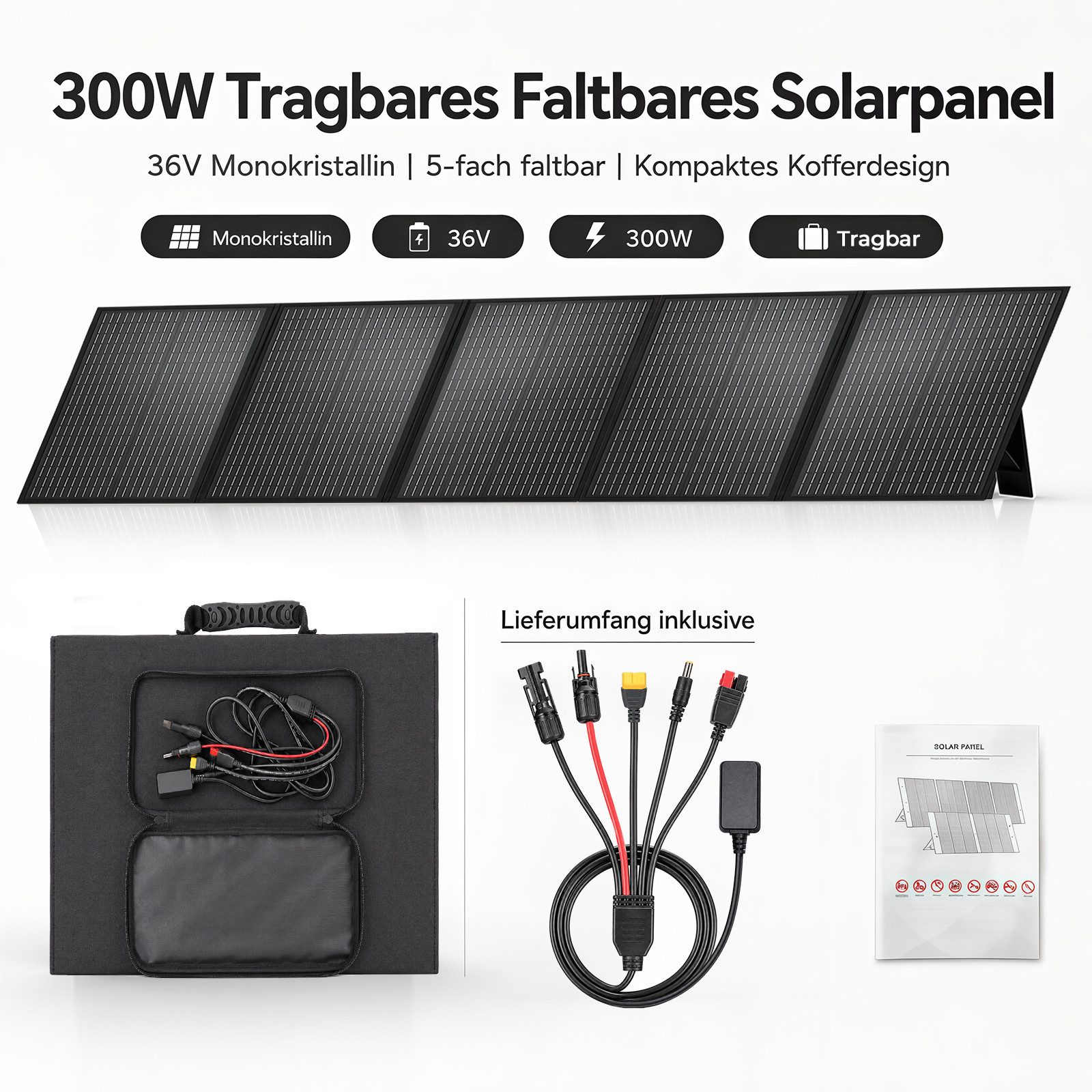 GLIESE Solarmodul 36V 300W Solarpanel für Camping Wohnmobil Boot, (300W Tragbares Solarpanel, 4-in-1 Ausgangskabel)
