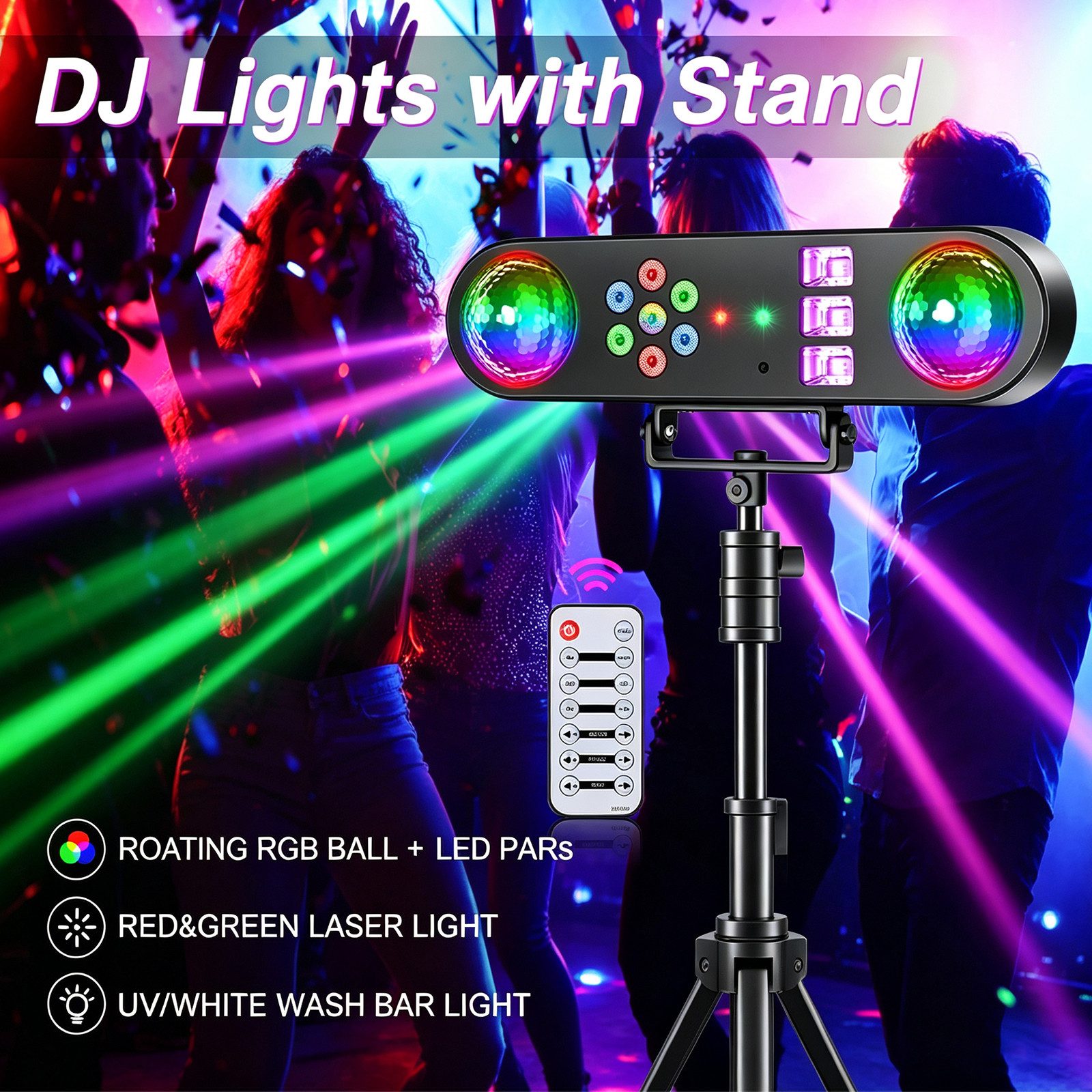 ZonQoonz Discolicht 30W 5-in-1-Mini-DJ-Scheinwerfer-Set – mit Stativ und Fernbedienung – Bild 2 von 5