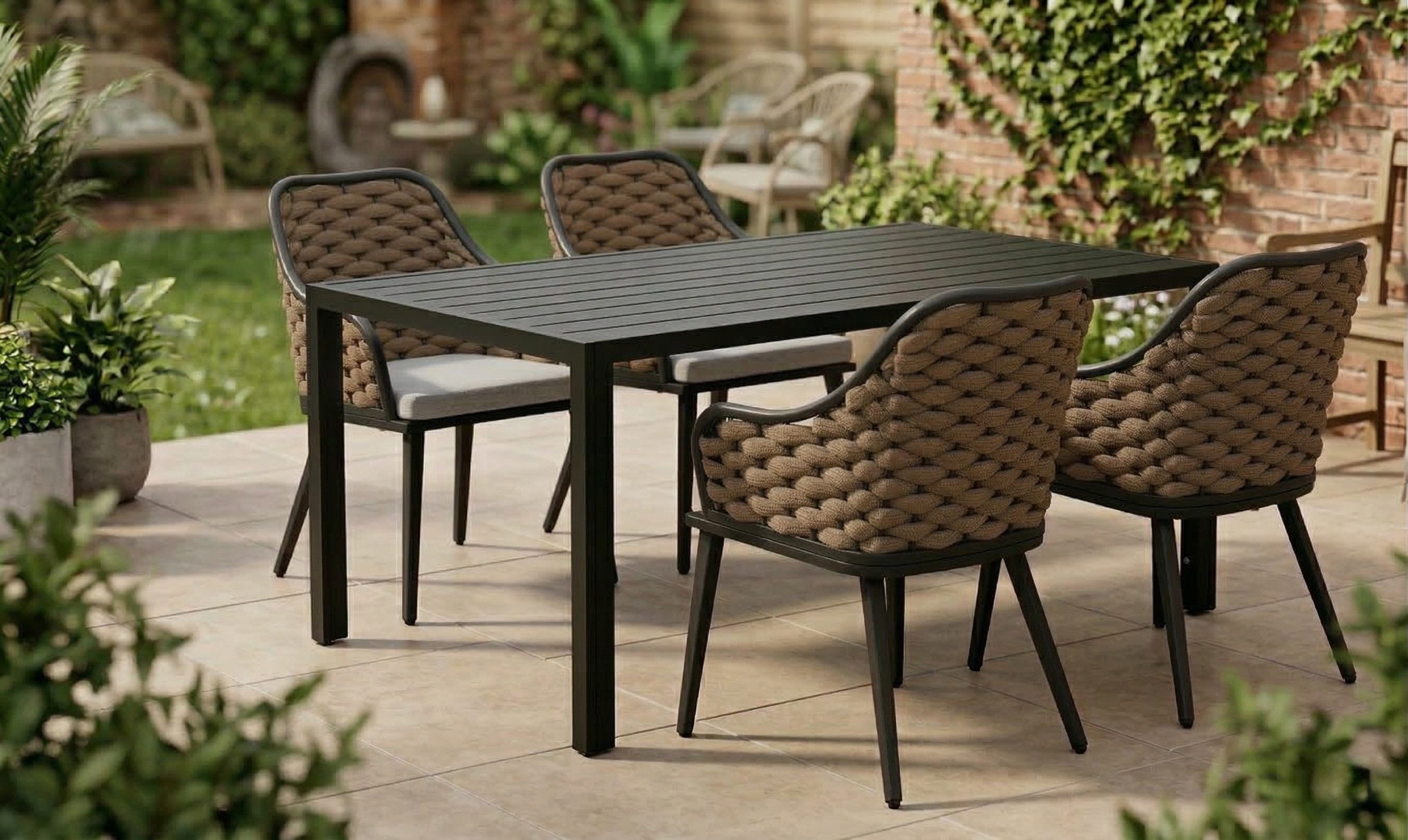 MCW Garten-Essgruppe Garten Essgruppe Set Tisch mit 4 oder 6 Stühlen Rope Seilgeflecht, (5-tlg)
