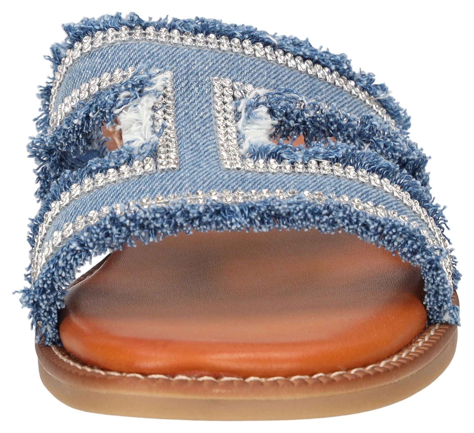 Mustang Shoes Pantolette, Flats, Sandale im Jeans-Look mit Strass-Steinchen verziert