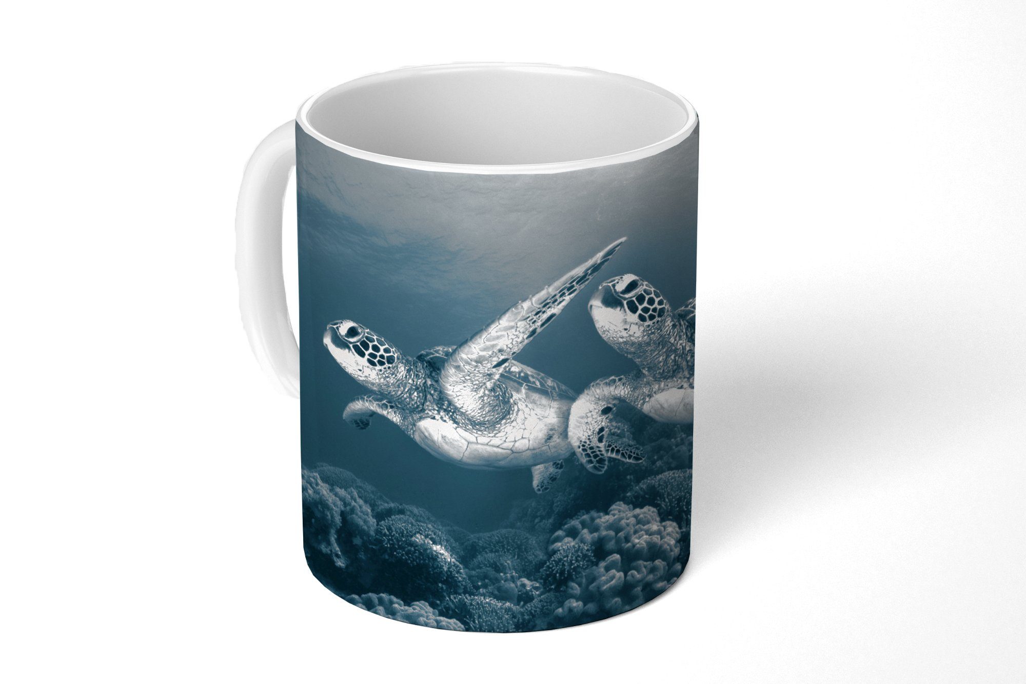 MuchoWow Tasse Schildkröte - Meerestiere Kaffeetassen, und Teetasse, Tiere, Becher, - Teetasse, Wilde Schwarz weiß - Geschenk Keramik