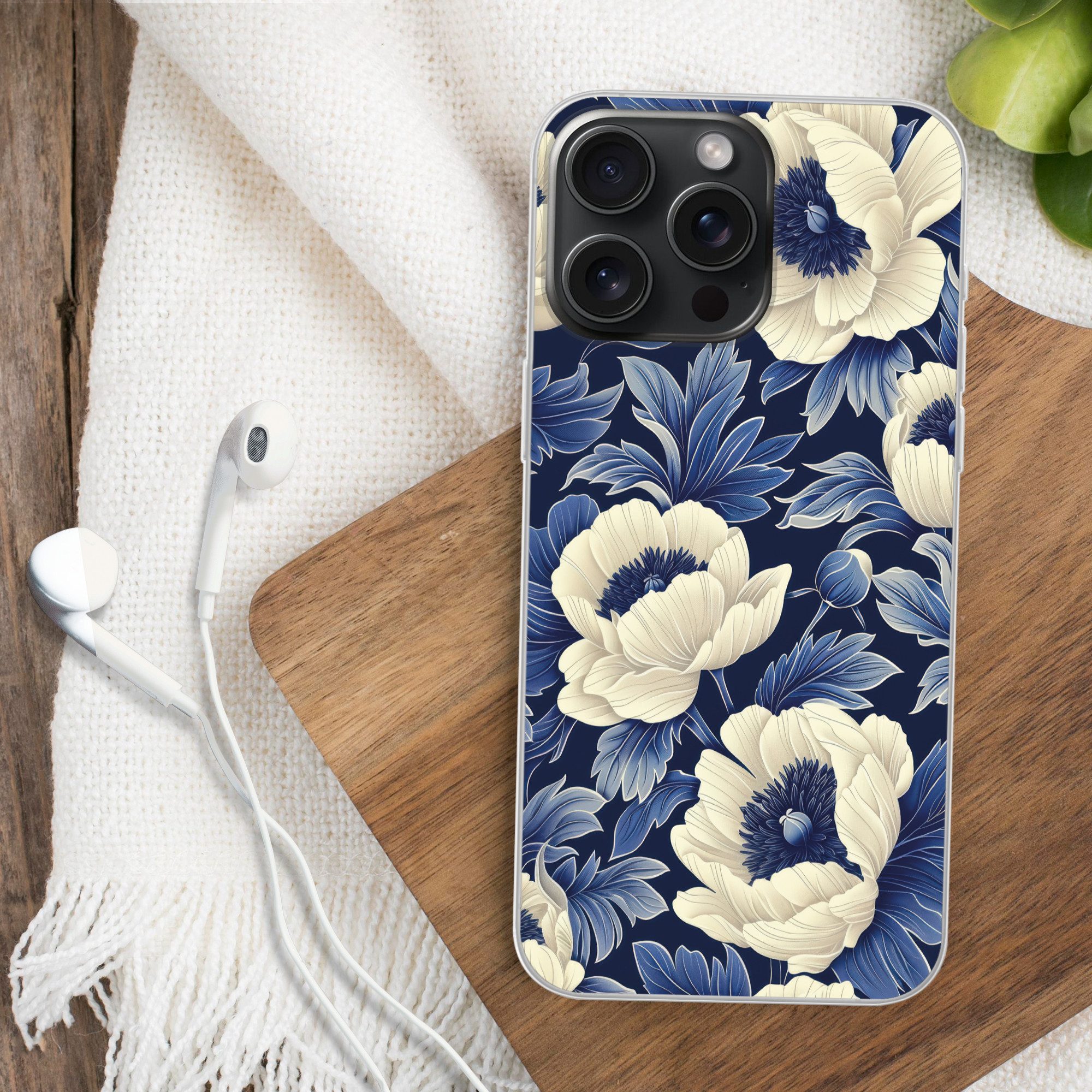 MuchoWow Handyhülle für Apple iPhone 15 Pro Max Blumen - Muster - Blau - Weiß, Smartphone-Bumper, Print, Handy Schutzhülle Dünn